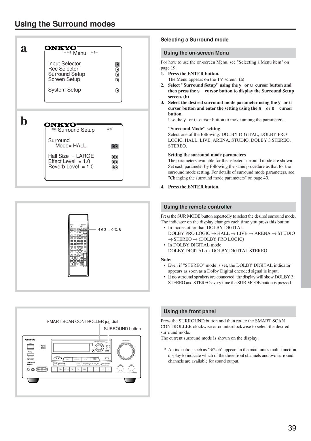 Onkyo TX-DS656 Using the Surround modes, Selecting a Surround mode Using the on-screen Menu, Surround Mode setting 