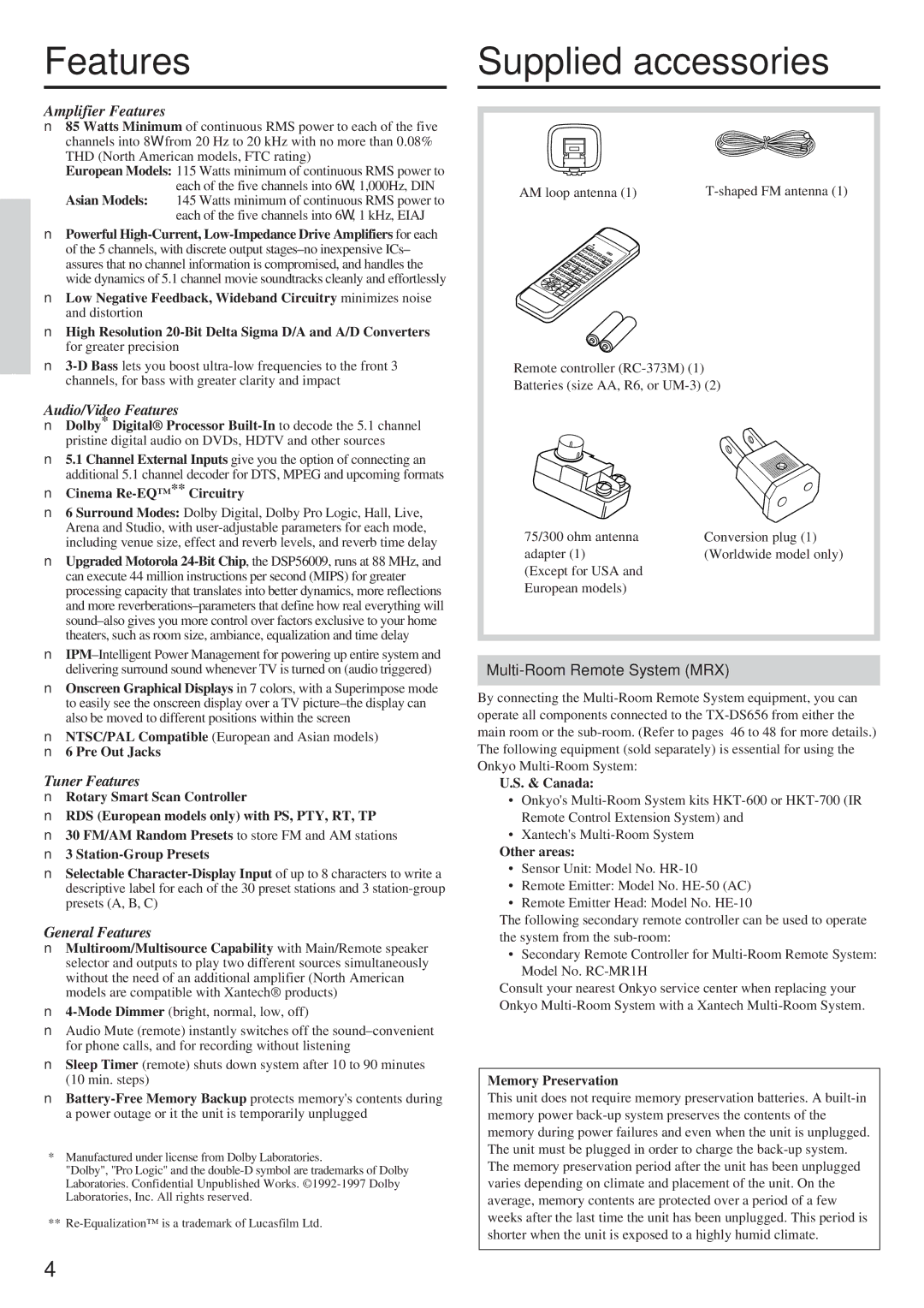 Onkyo TX-DS656 instruction manual Features Supplied accessories, Multi-Room Remote System MRX 