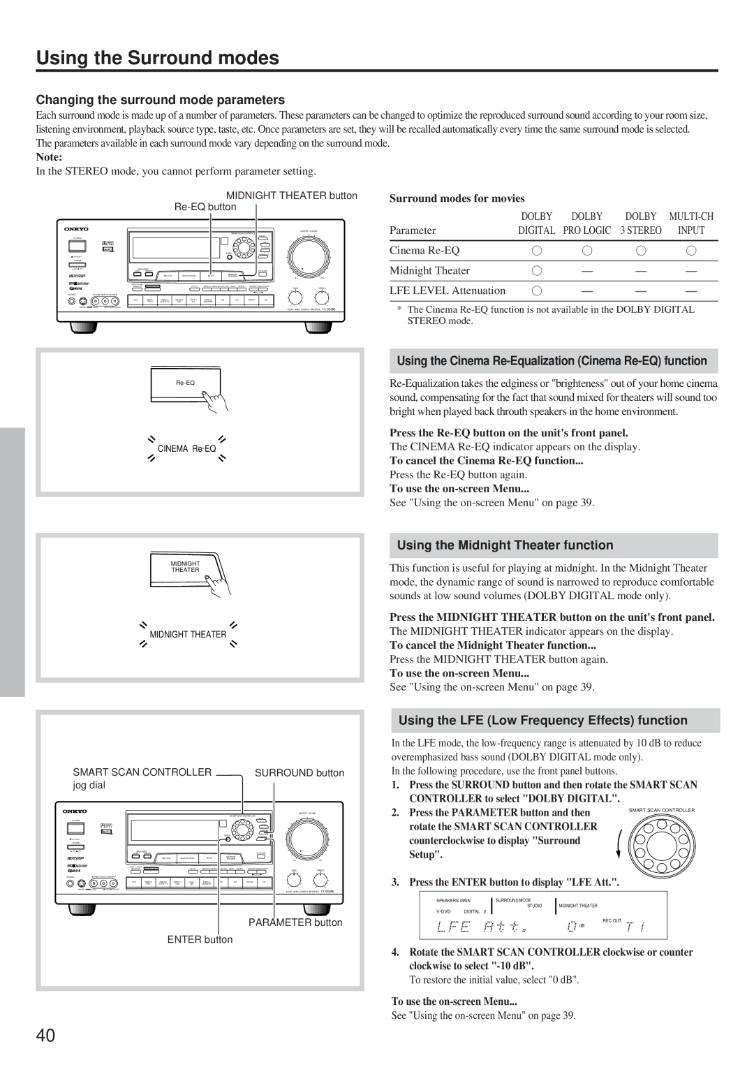 Onkyo TX-DS656 Changing the surround mode parameters, Using the Cinema Re-Equalization Cinema Re-EQ function 