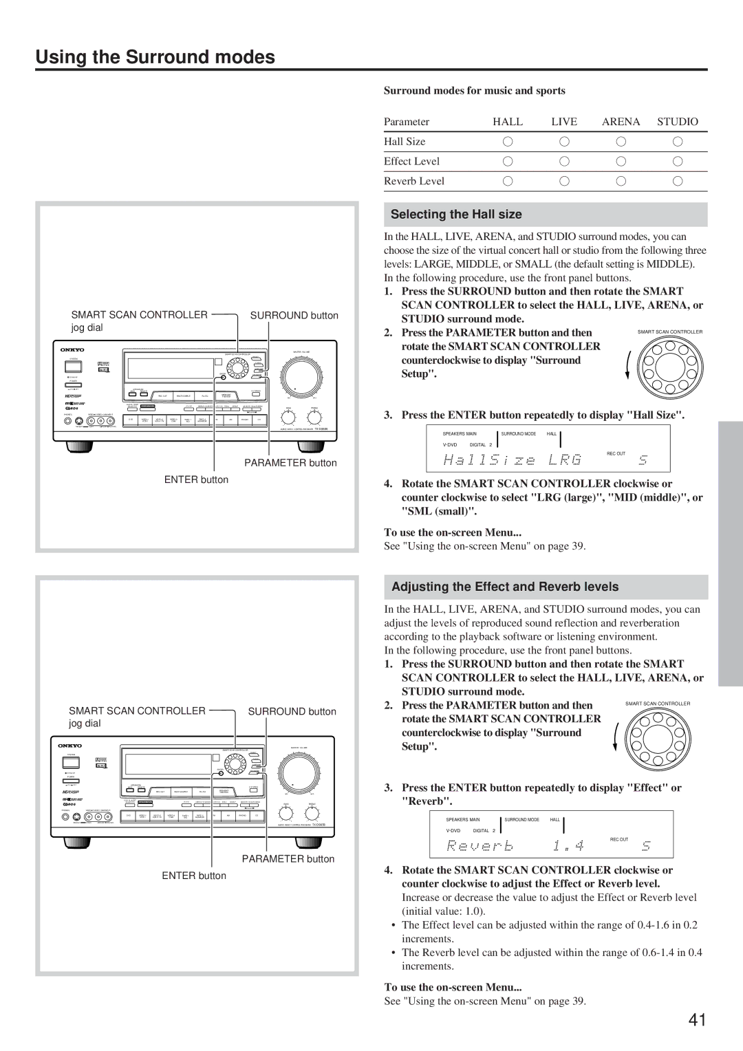 Onkyo TX-DS656 Selecting the Hall size, Adjusting the Effect and Reverb levels, Surround modes for music and sports 