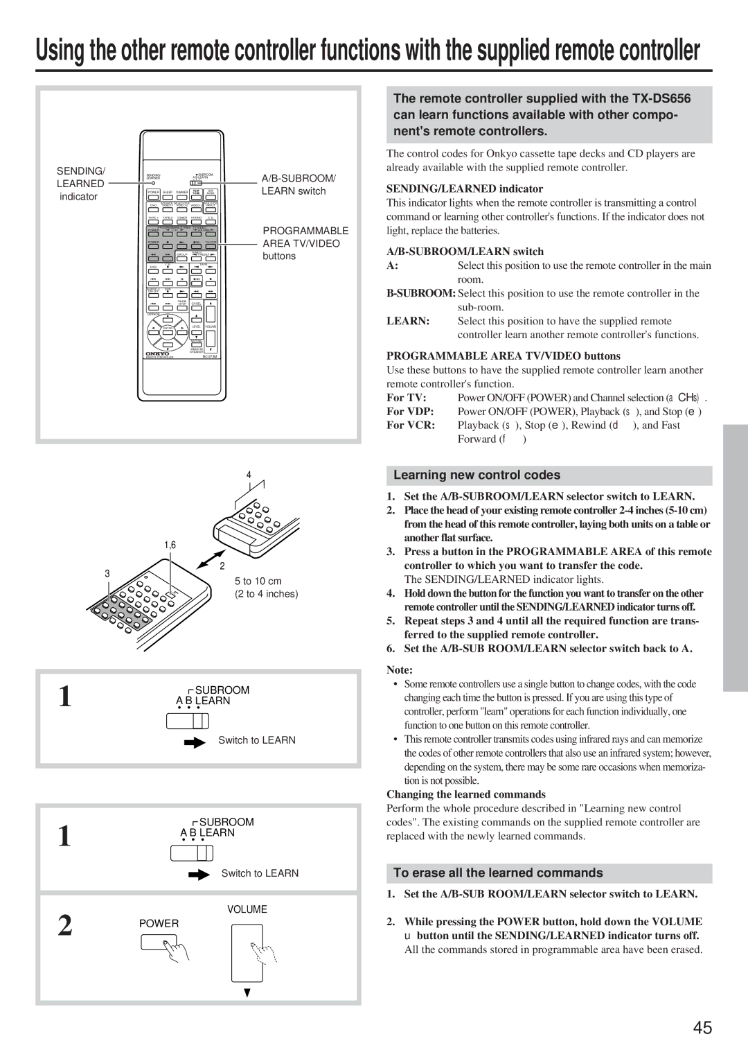 Onkyo TX-DS656 instruction manual Learning new control codes, To erase all the learned commands 