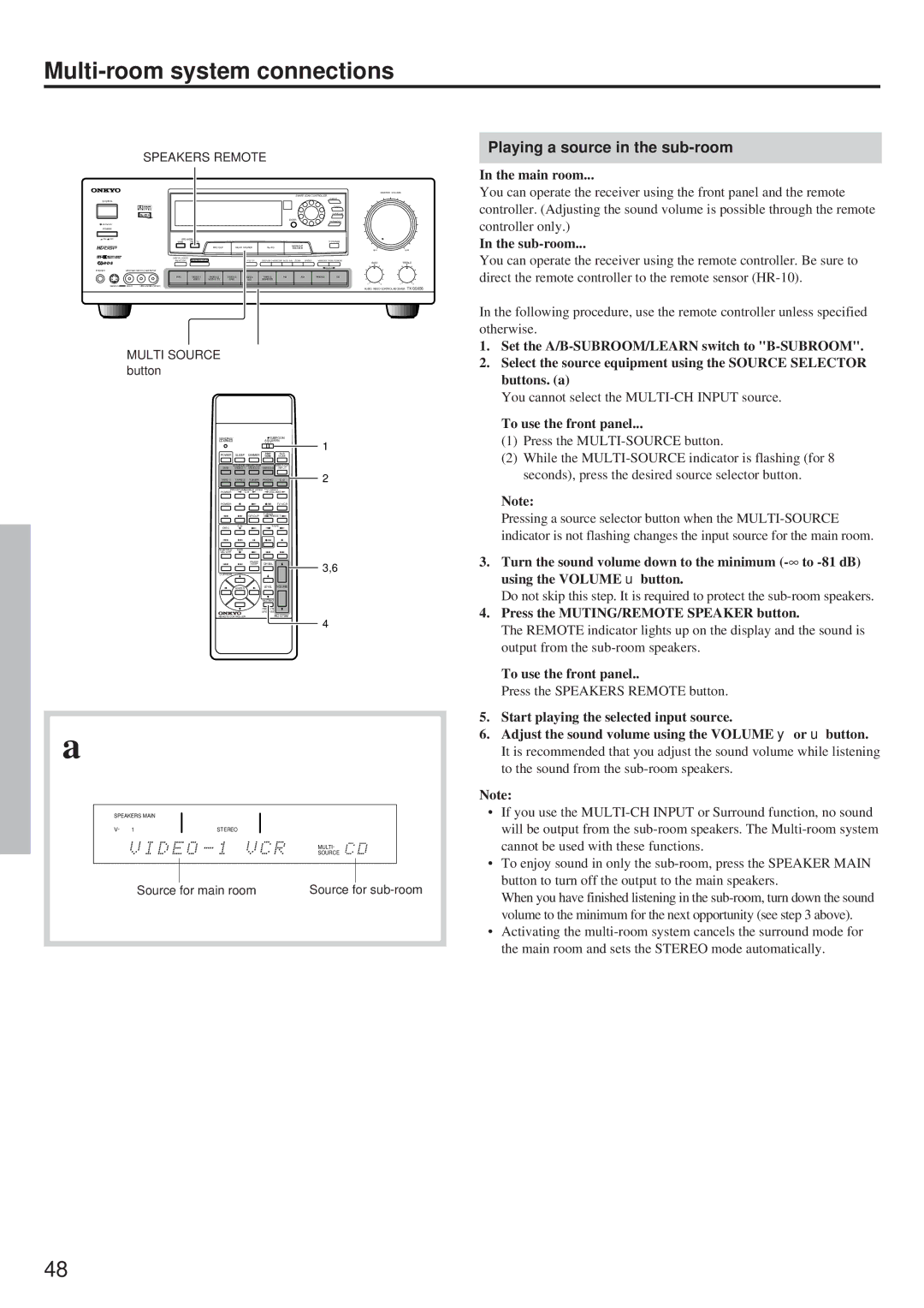 Onkyo TX-DS656 Playing a source in the sub-room, Sub-room, To use the front panel, Press the MUTING/REMOTE Speaker button 