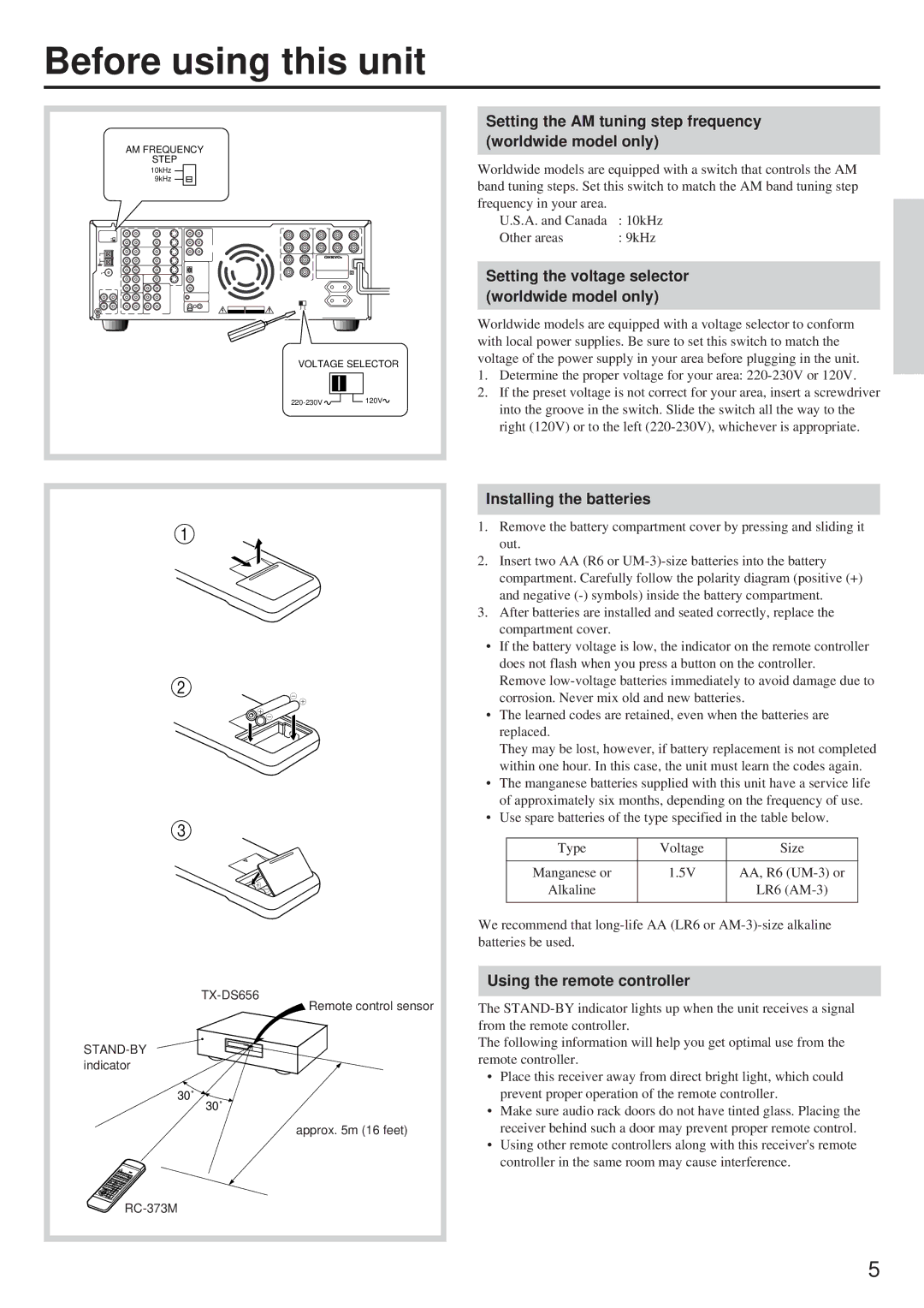 Onkyo TX-DS656 Before using this unit, Setting the AM tuning step frequency worldwide model only, Installing the batteries 