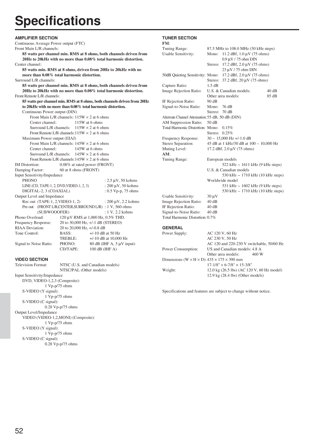 Onkyo TX-DS656 instruction manual Specifications, Amplifier Section 