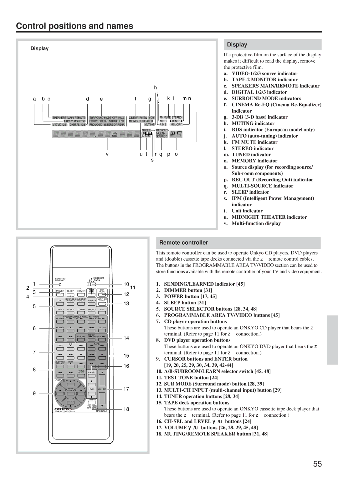 Onkyo TX-DS656 instruction manual Display, Remote controller, DVD player operation buttons 