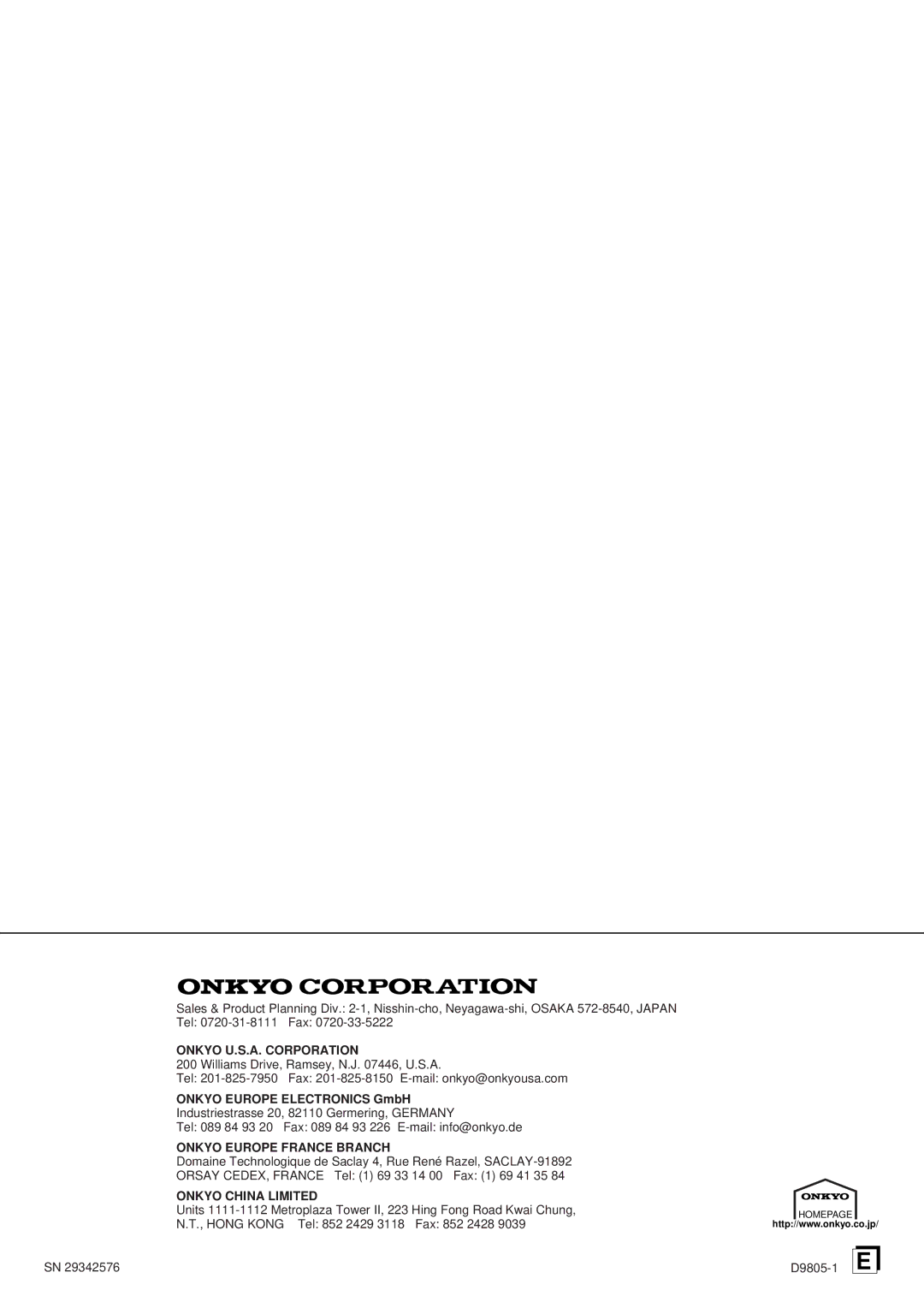 Onkyo TX-DS656 instruction manual Onkyo U.S.A. Corporation, D9805-1 E 