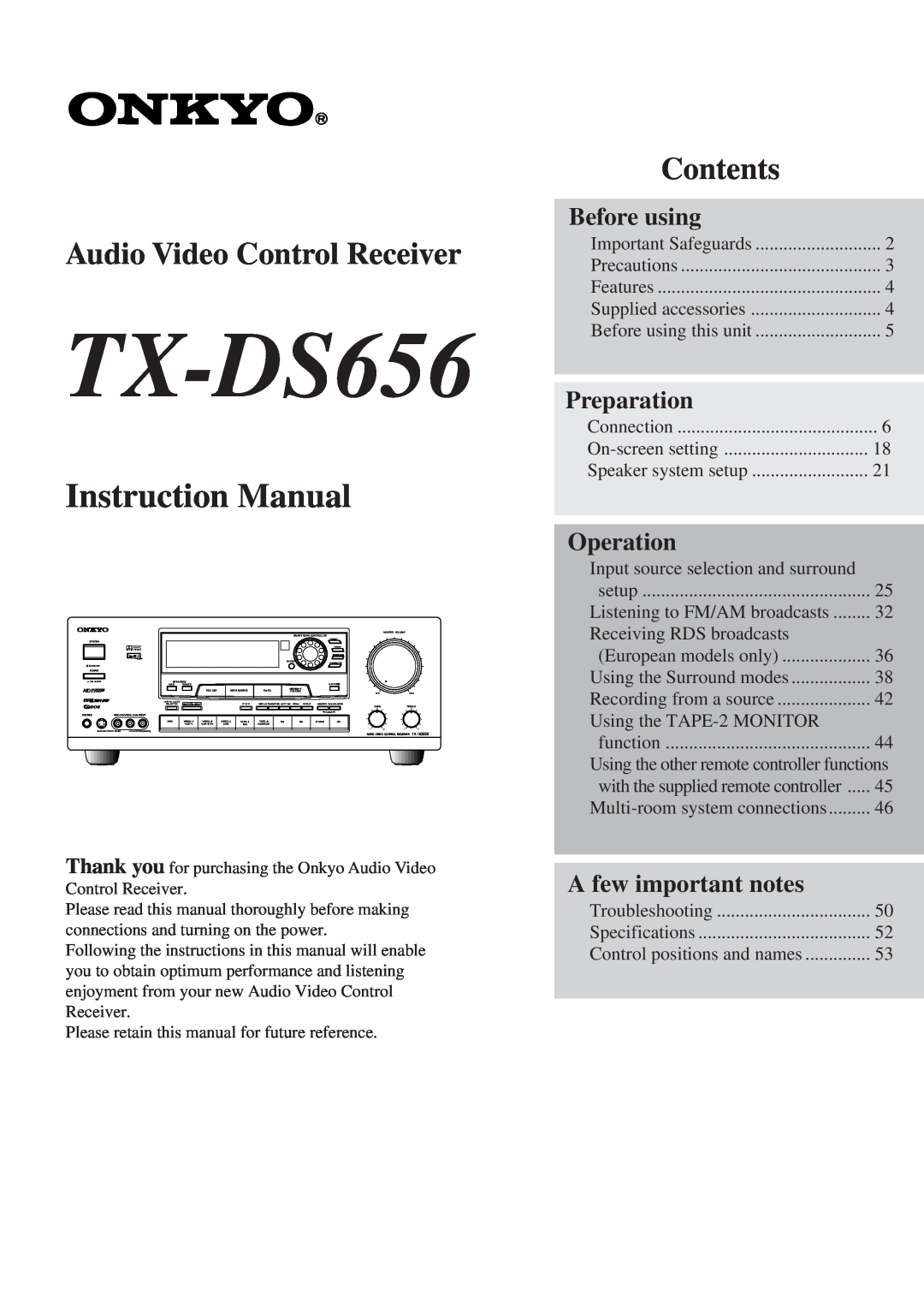 Onkyo TX-DS656 instruction manual Audio Video Control Receiver, Contents, Before using, Preparation, Operation 