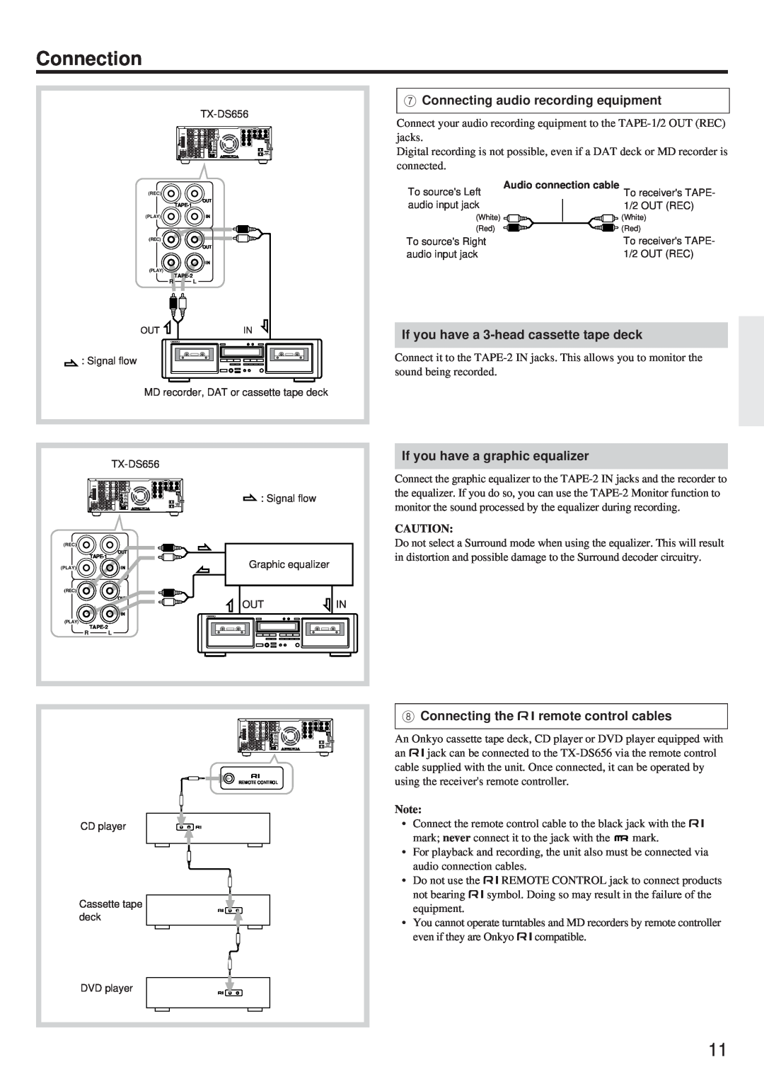 Onkyo TX-DS656 instruction manual Connection, 7Connecting audio recording equipment, If you have a 3-headcassette tape deck 