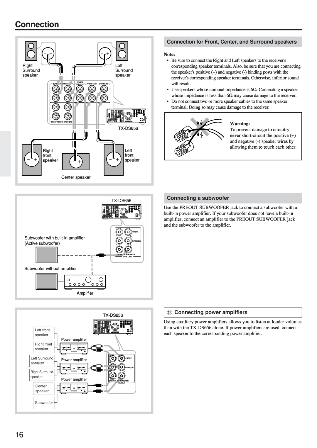 Onkyo TX-DS656 instruction manual Connection, Connecting a subwoofer, B Connecting power amplifiers 