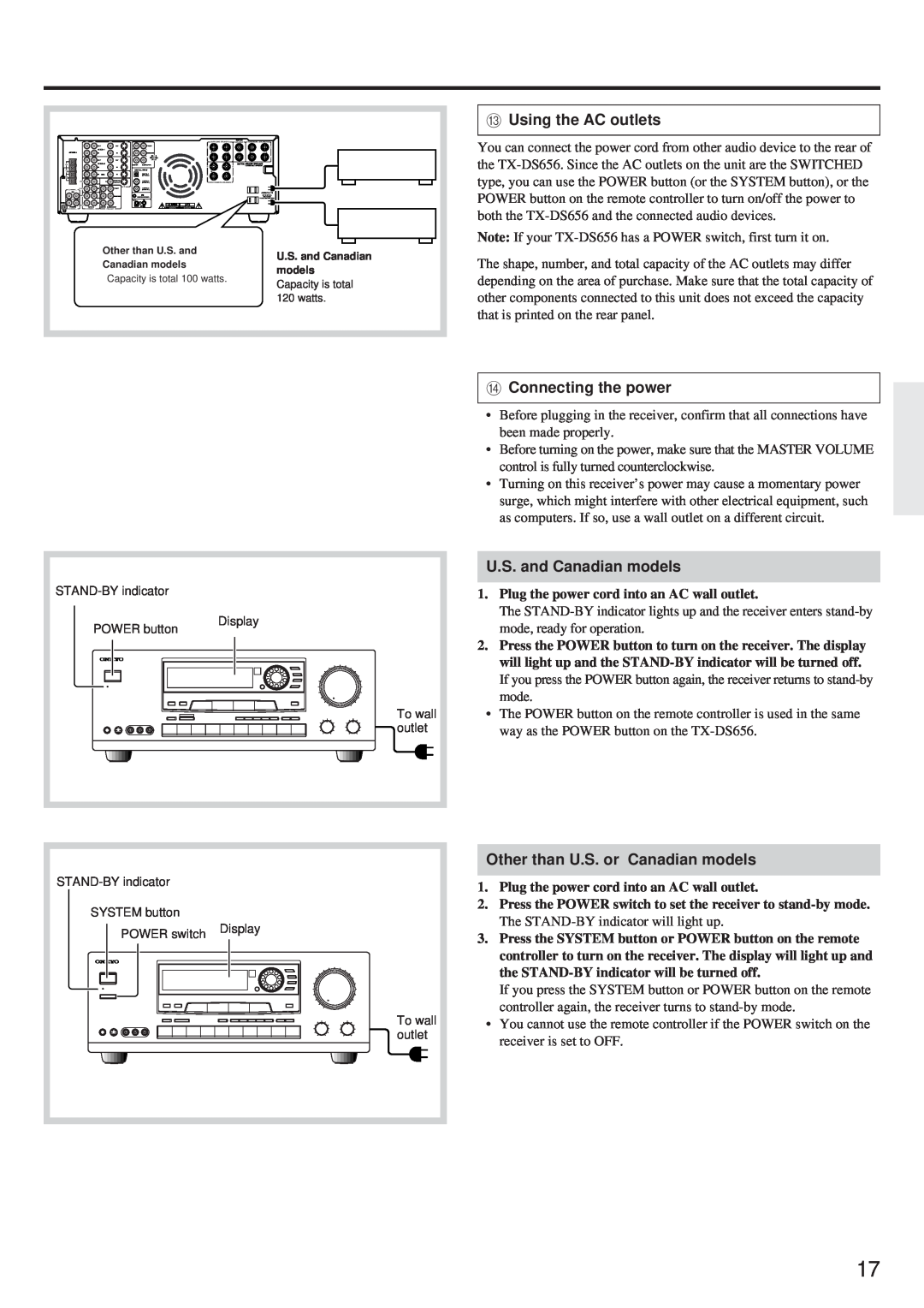 Onkyo TX-DS656 CUsing the AC outlets, DConnecting the power, U.S. and Canadian models, Other than U.S. or Canadian models 
