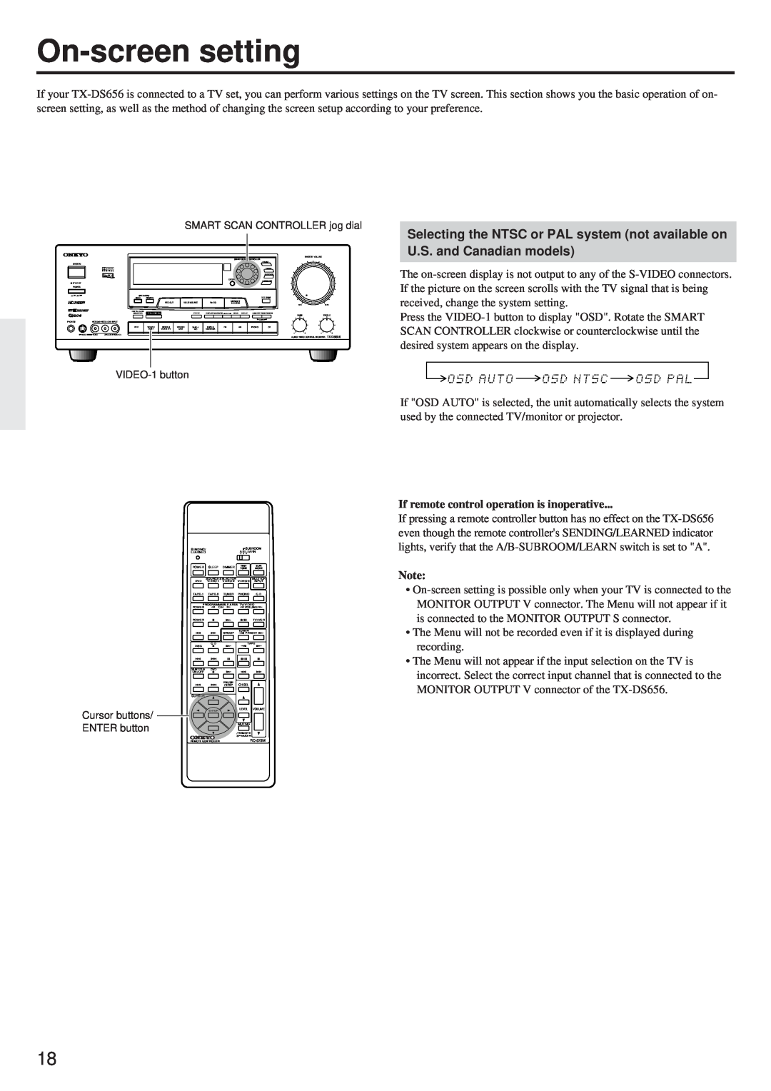 Onkyo TX-DS656 instruction manual On-screensetting, If remote control operation is inoperative 