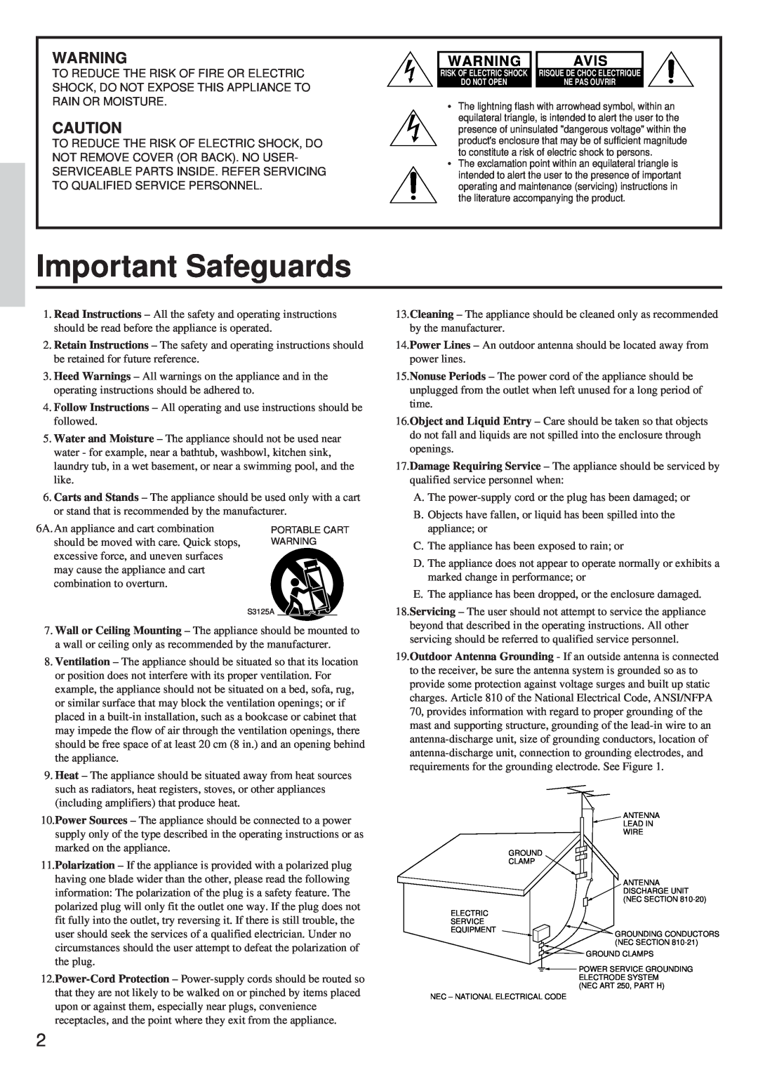 Onkyo TX-DS656 instruction manual Important Safeguards, Avis 