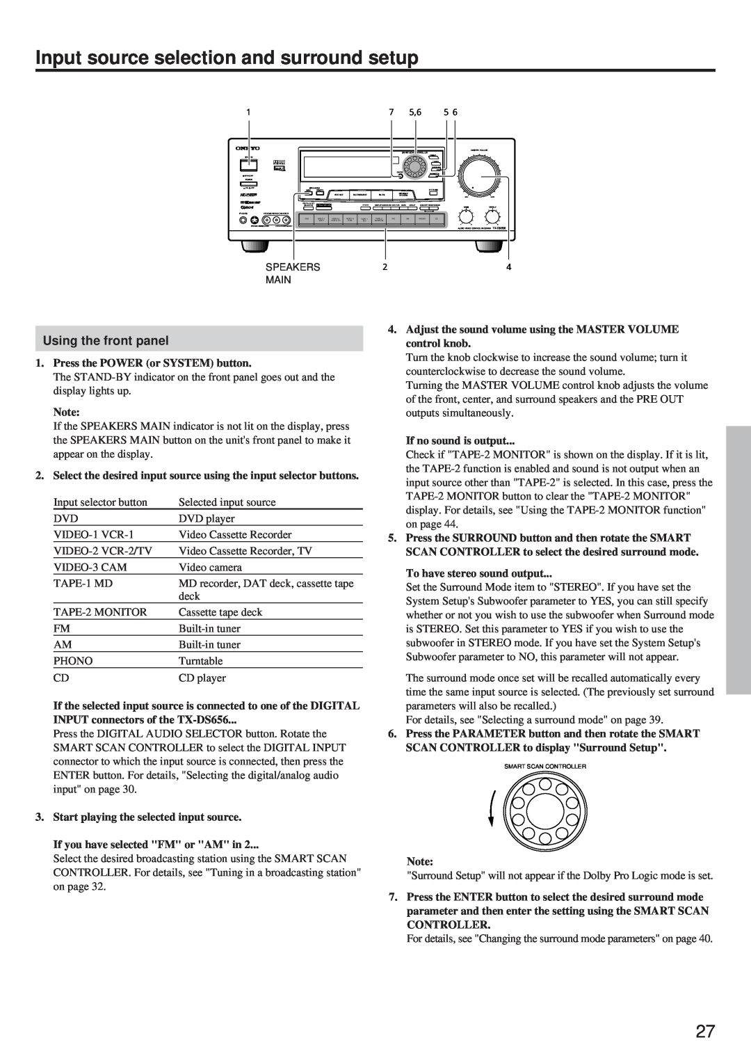 Onkyo TX-DS656 instruction manual Input source selection and surround setup, Using the front panel 