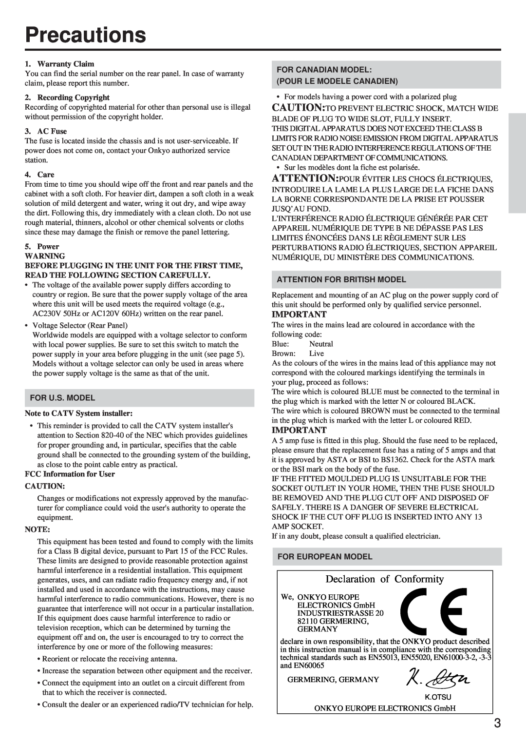 Onkyo TX-DS656 instruction manual Precautions, Declaration of Conformity 