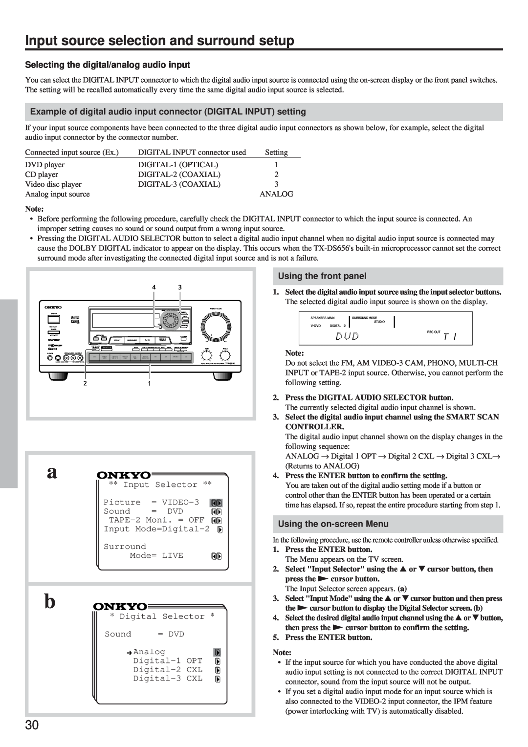 Onkyo TX-DS656 Input source selection and surround setup, Selecting the digital/analog audio input, Mode= LIVE, Sound 