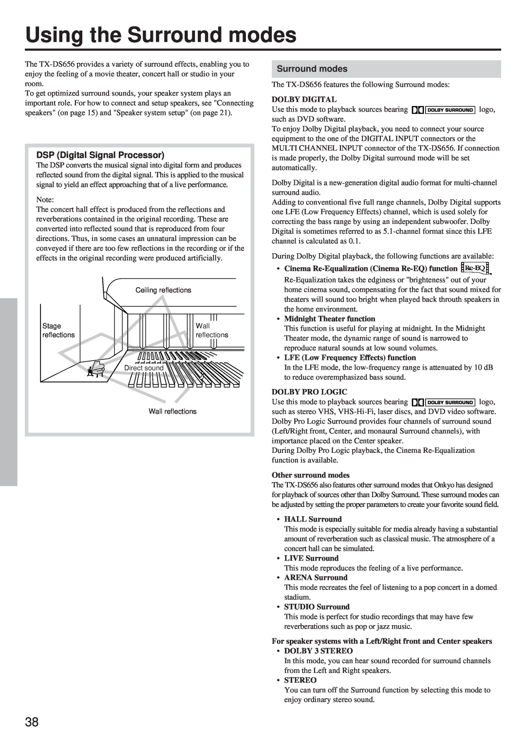 Onkyo TX-DS656 instruction manual Using the Surround modes, DSP Digital Signal Processor 