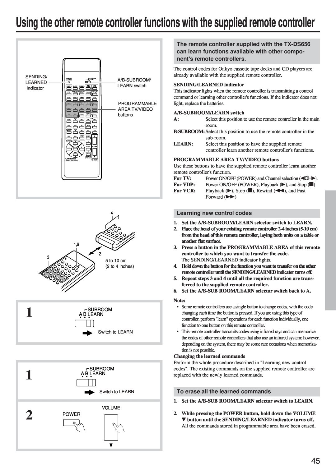Onkyo TX-DS656 instruction manual Learning new control codes, To erase all the learned commands 