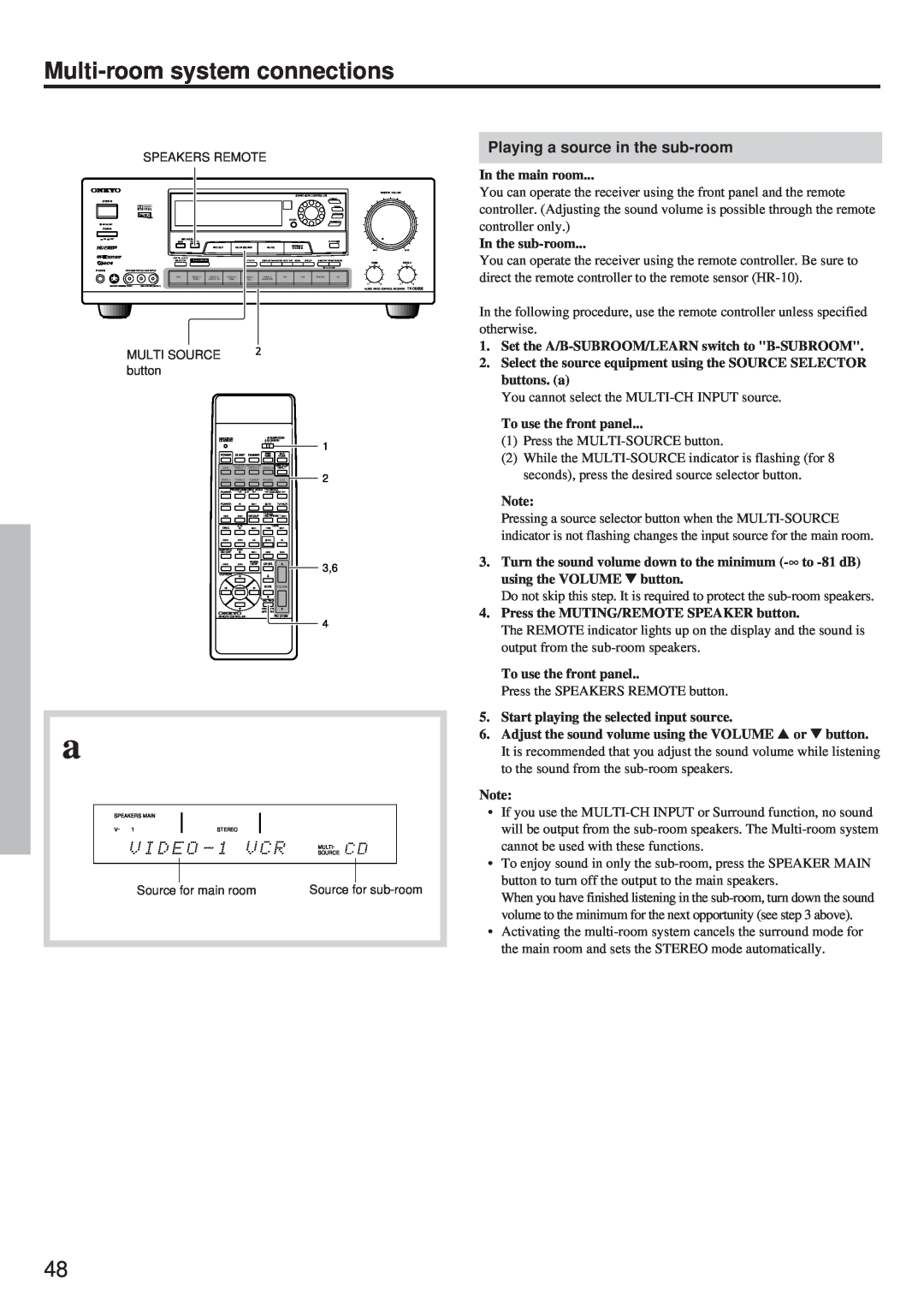 Onkyo TX-DS656 instruction manual Multi-roomsystem connections, Playing a source in the sub-room 