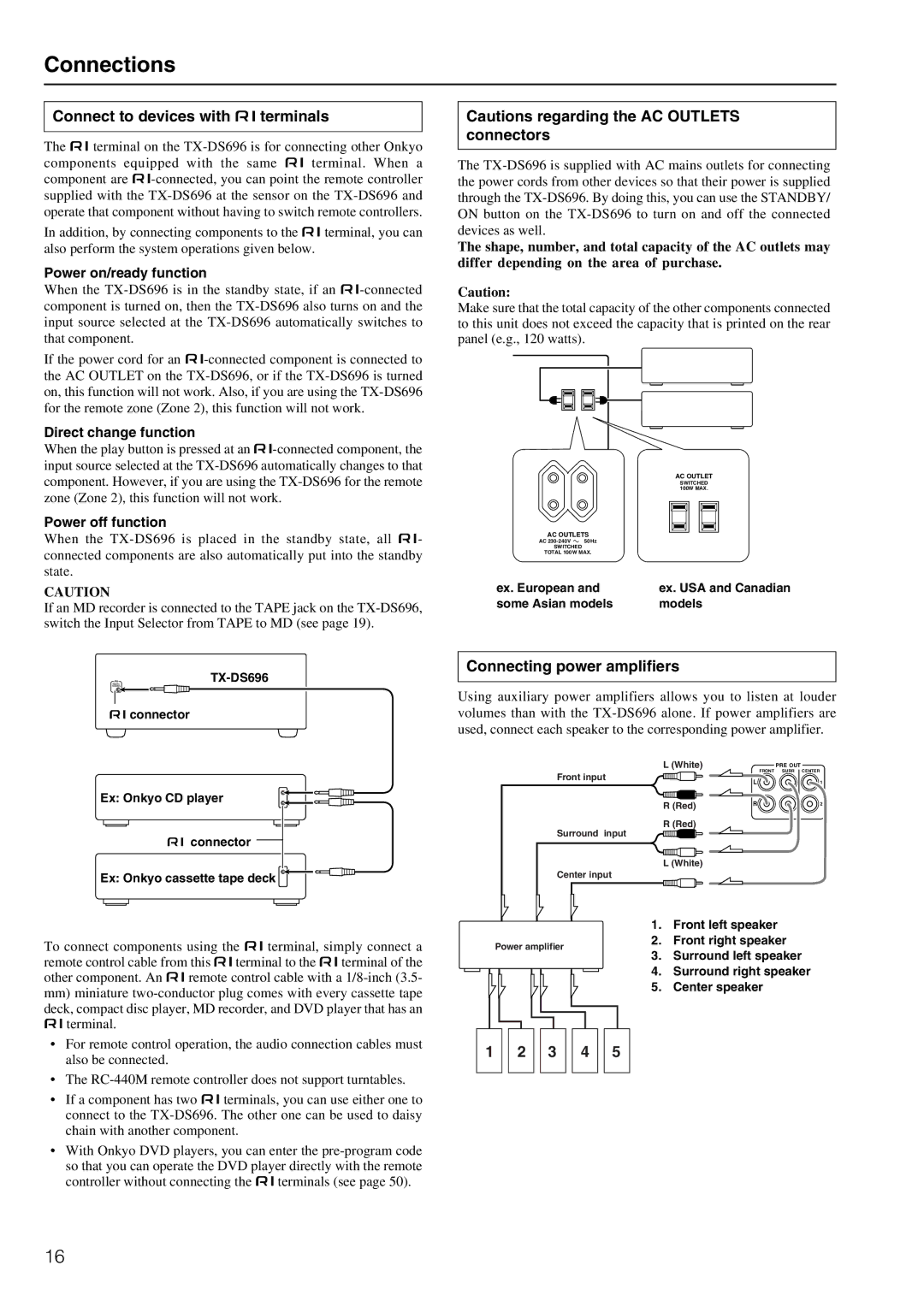 Onkyo TX-DS696 appendix Connect to devices with z terminals, Connecting power amplifiers, Power on/ready function 