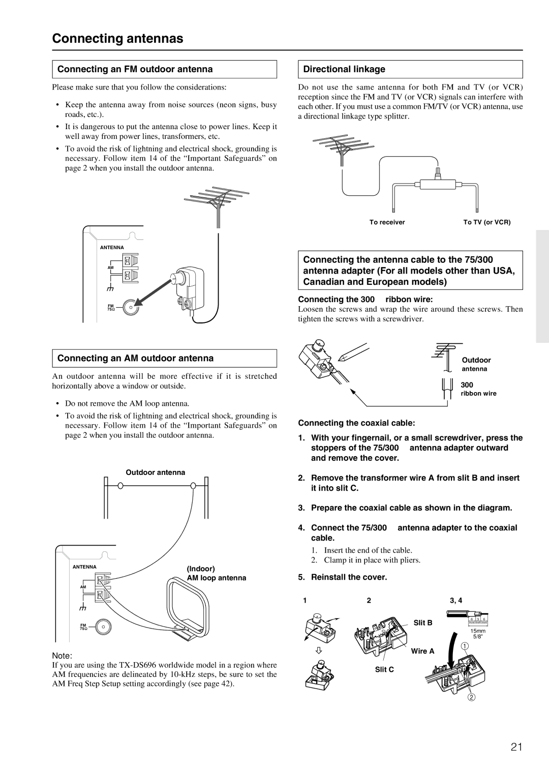 Onkyo TX-DS696 appendix Connecting antennas, Connecting an FM outdoor antenna, Connecting an AM outdoor antenna 