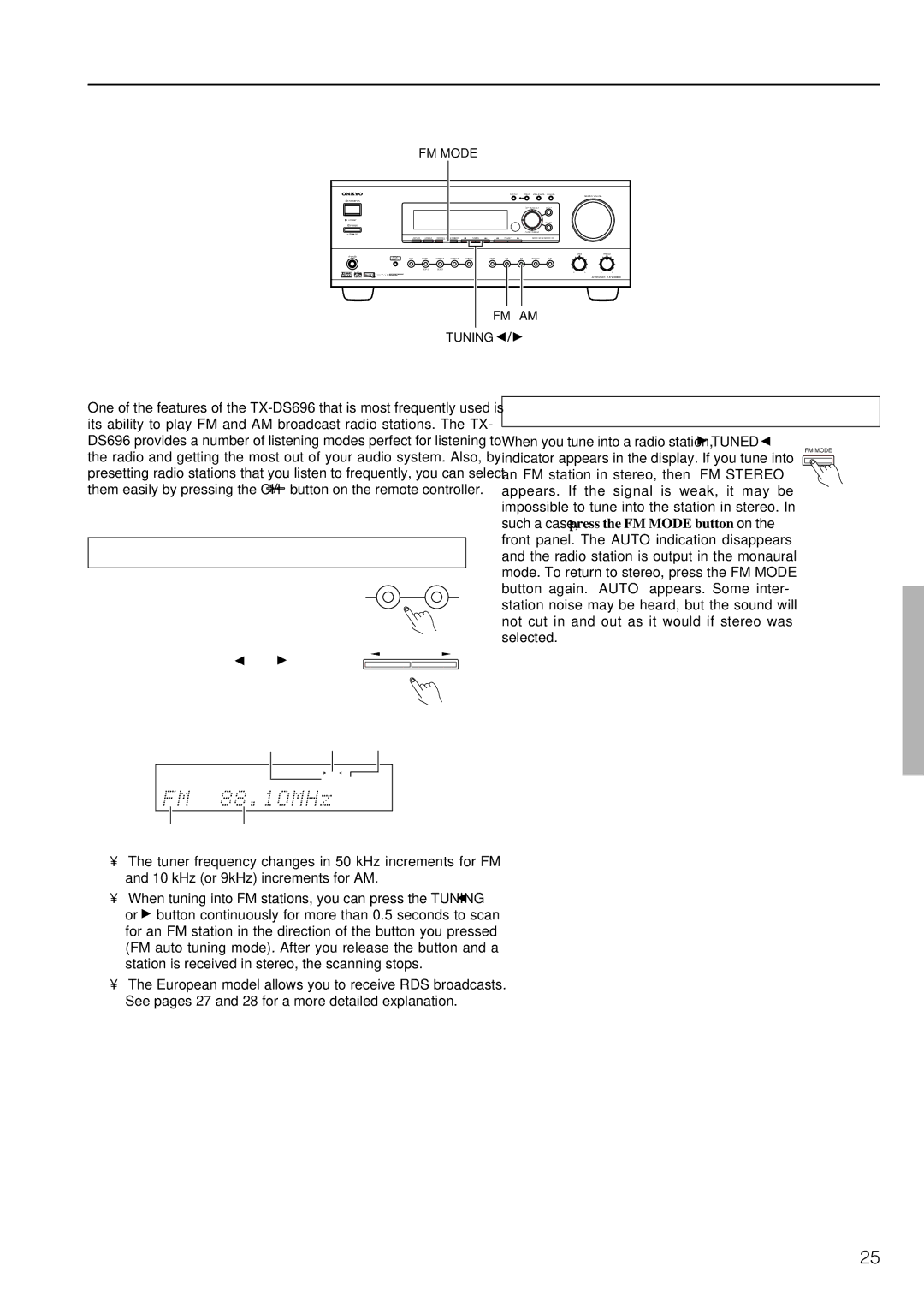 Onkyo TX-DS696 Listening to Radio Broadcasts, Tuning into a radio station, Listening to a stereo radio station FM mode 