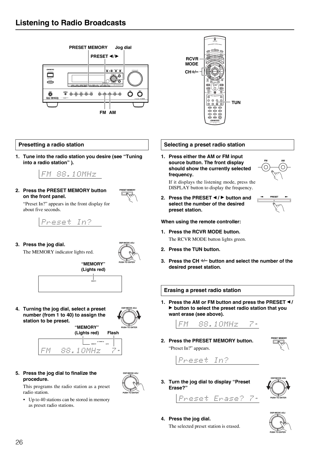 Onkyo TX-DS696 appendix Listening to Radio Broadcasts, Presetting a radio station, Selecting a preset radio station 