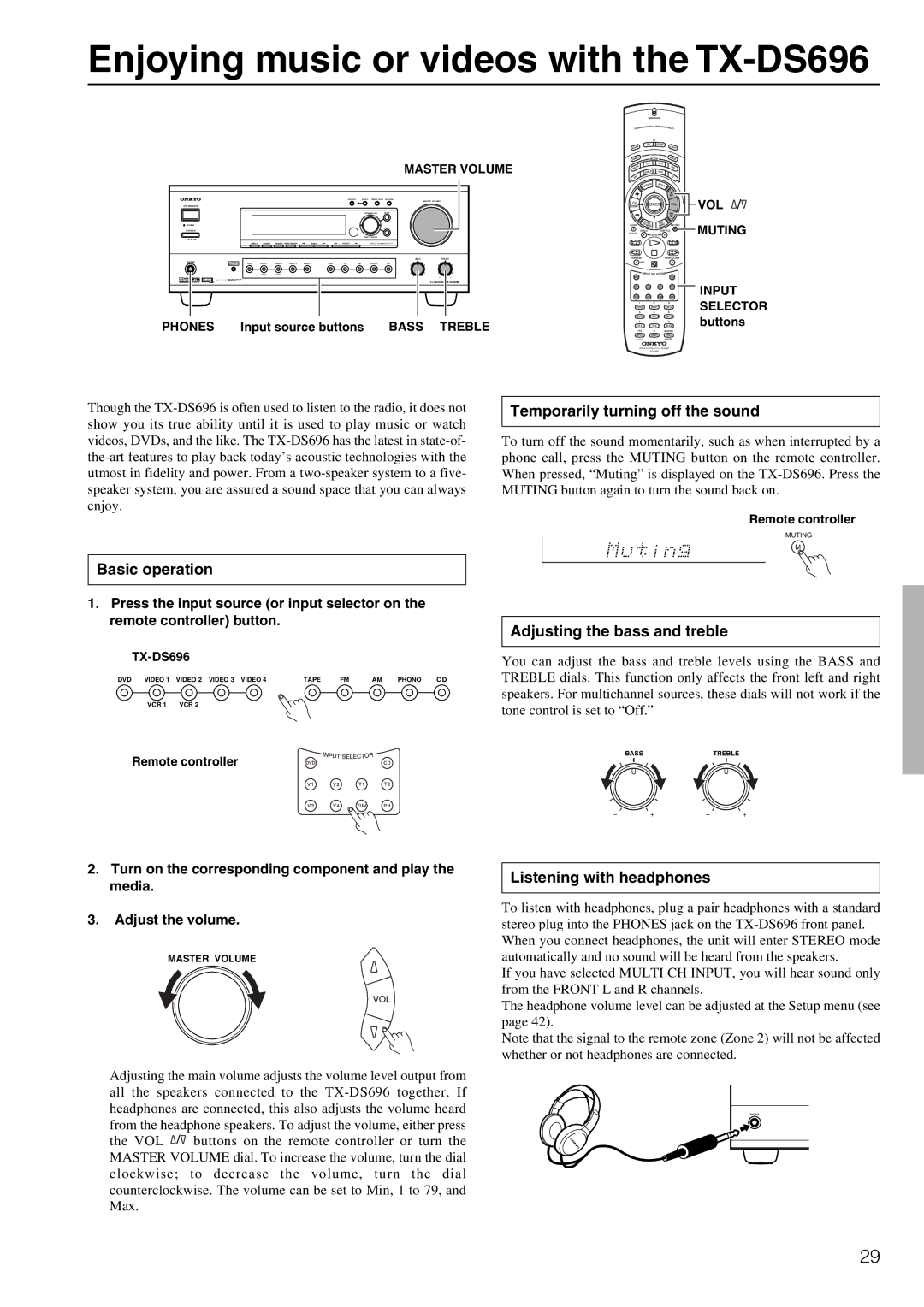 Onkyo appendix Enjoying music or videos with the TX-DS696, Temporarily turning off the sound, Basic operation 