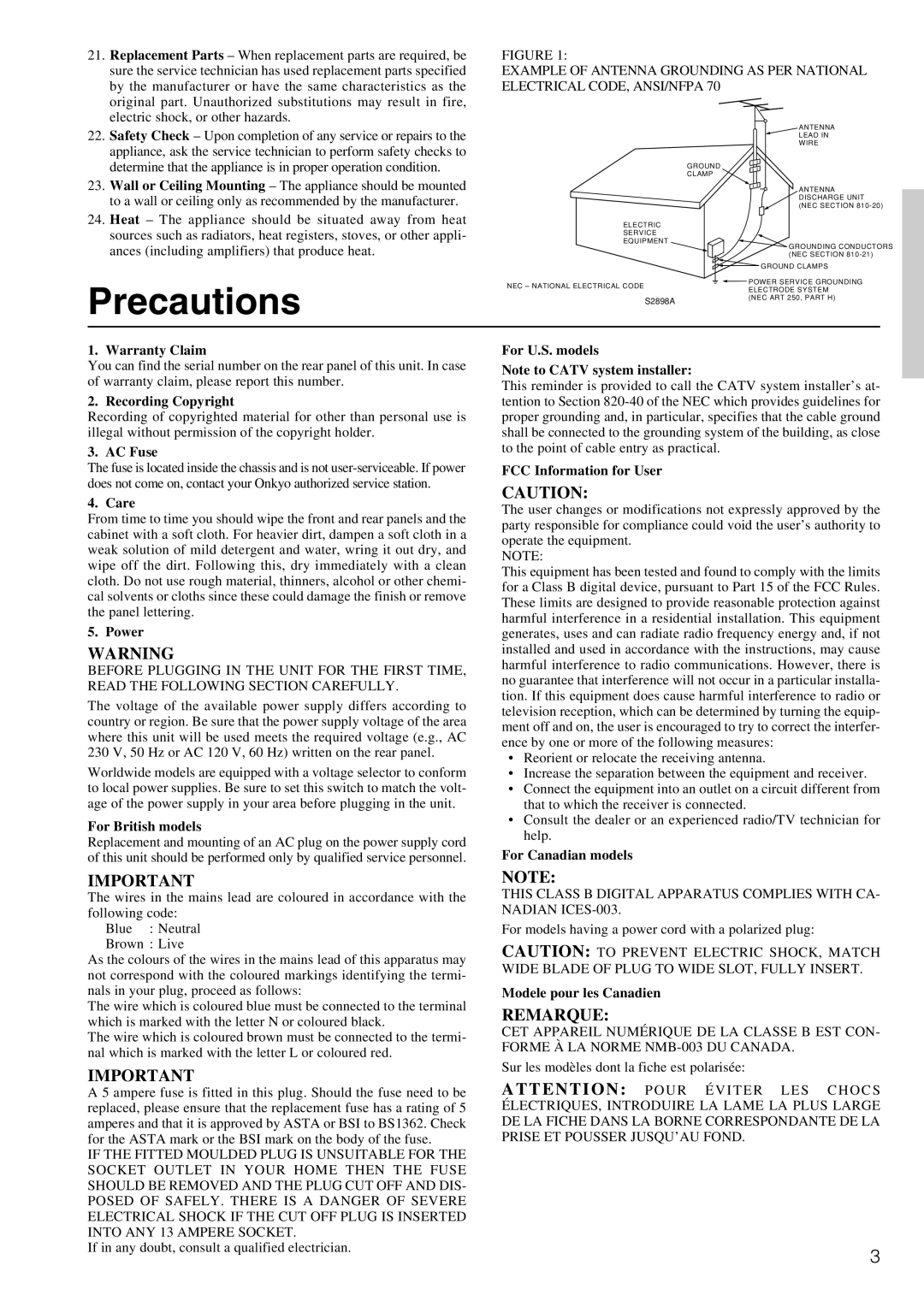 Onkyo TX-DS696 appendix Precautions 