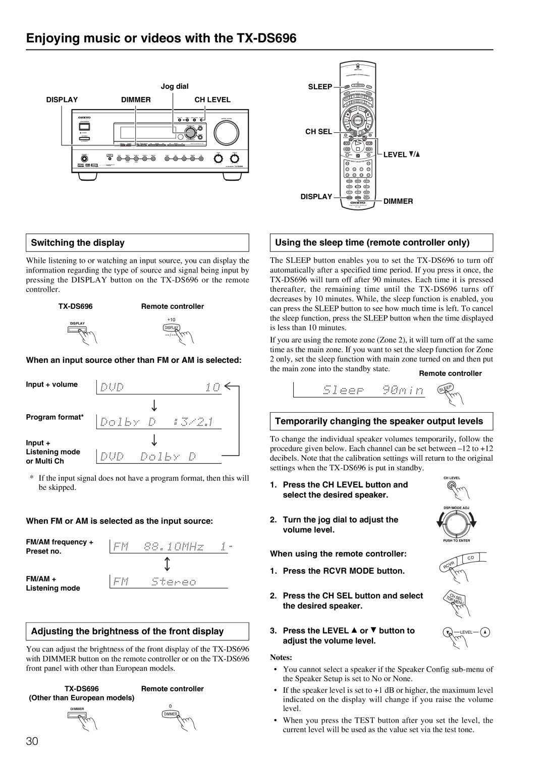 Onkyo Enjoying music or videos with the TX-DS696, Switching the display, Adjusting the brightness of the front display 