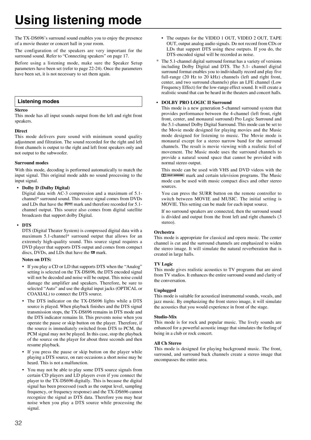 Onkyo TX-DS696 appendix Using listening mode, Listening modes 