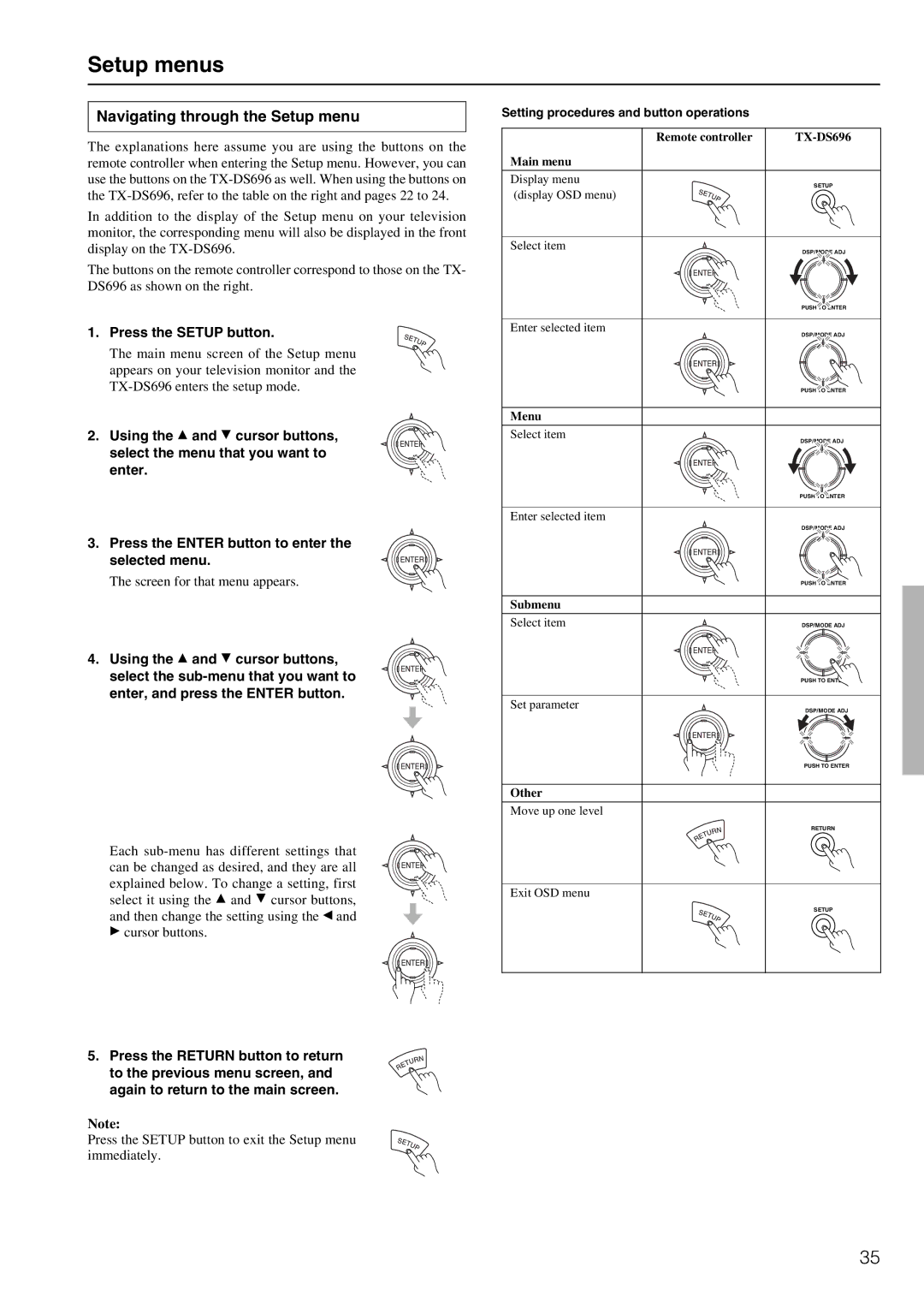 Onkyo TX-DS696 appendix Setup menus, Navigating through the Setup menu, Setting procedures and button operations 