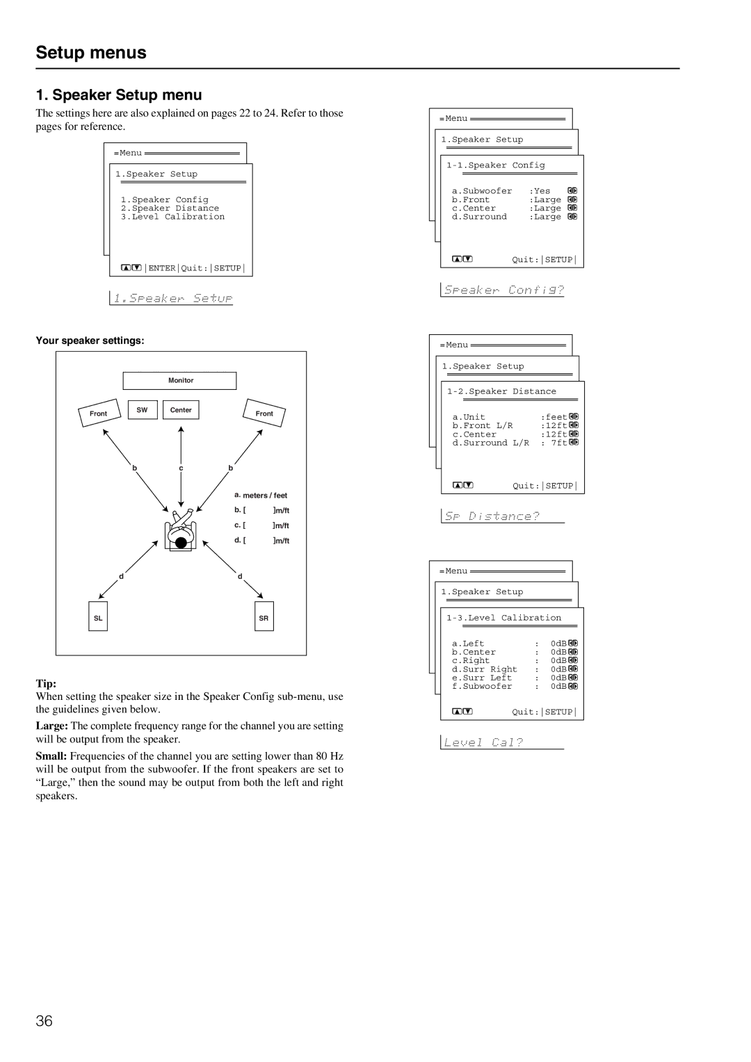 Onkyo TX-DS696 appendix Speaker Setup menu, Tip 