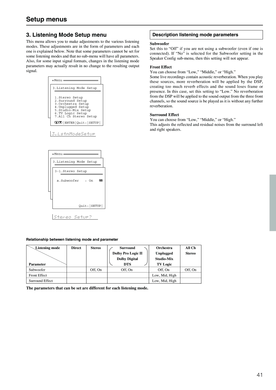 Onkyo TX-DS696 appendix Listening Mode Setup menu, Description listening mode parameters, Front Effect, Surround Effect 