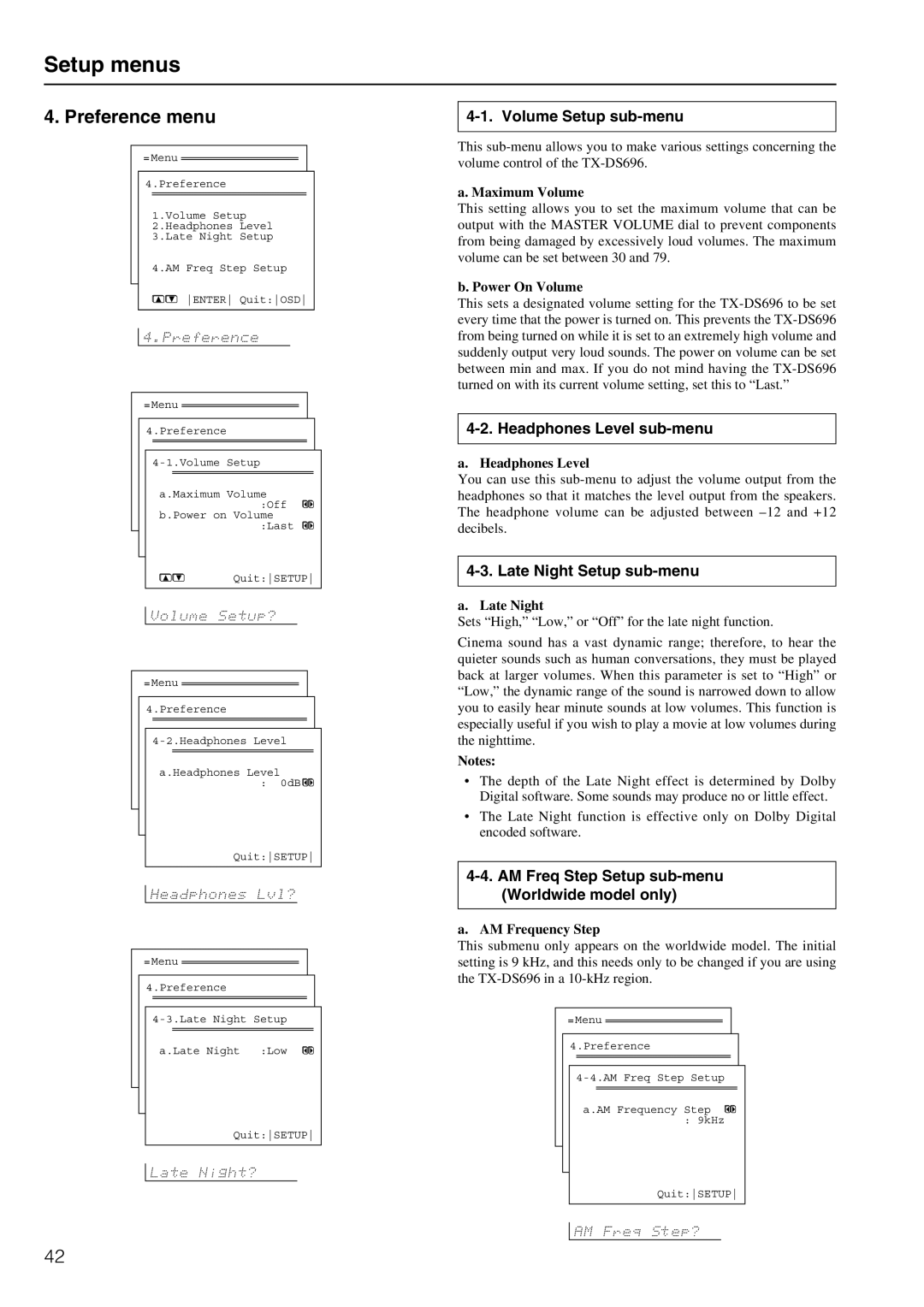 Onkyo TX-DS696 appendix Preference menu, Volume Setup sub-menu, Headphones Level sub-menu, Late Night Setup sub-menu 