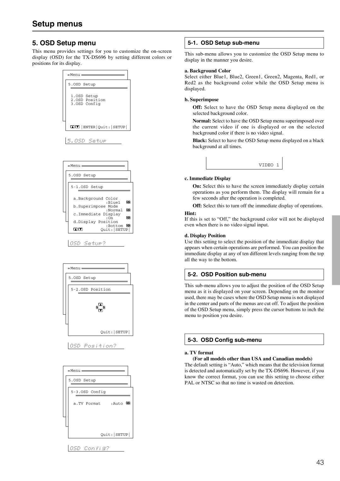 Onkyo TX-DS696 appendix OSD Setup menu, OSD Setup sub-menu, OSD Position sub-menu, OSD Config sub-menu 