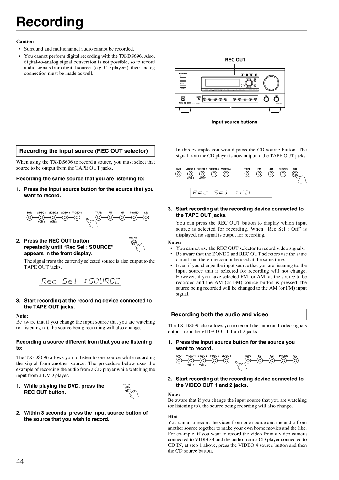 Onkyo TX-DS696 appendix Recording the input source REC OUT selector, Recording both the audio and video 