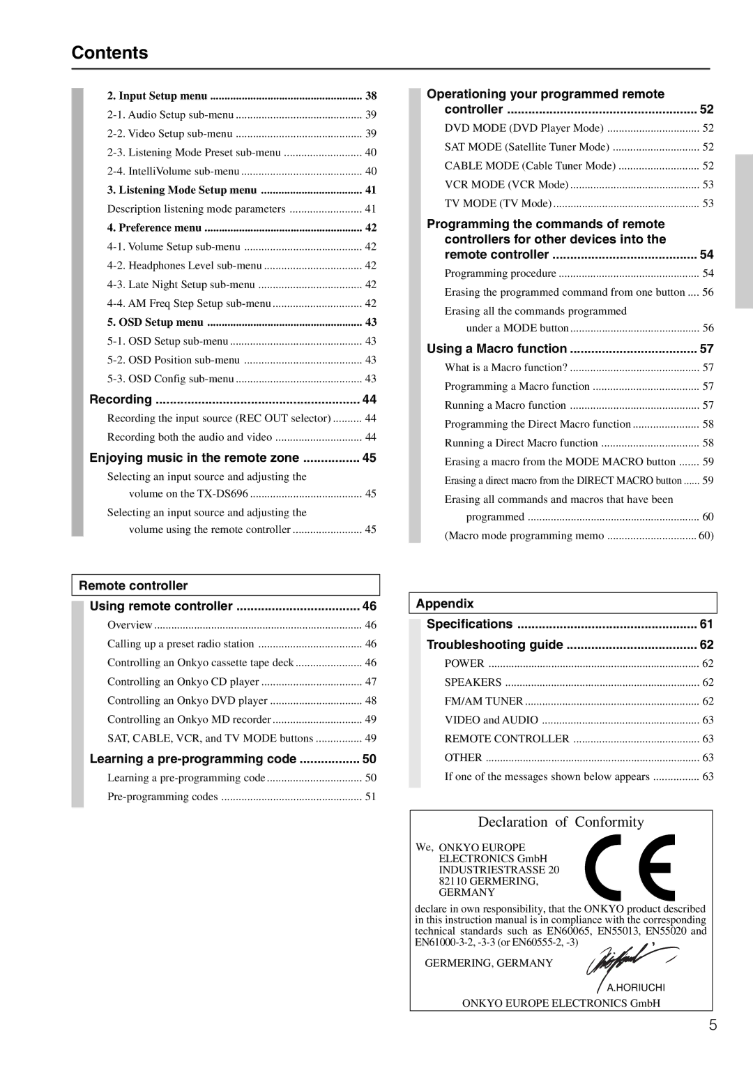 Onkyo TX-DS696 appendix Contents 