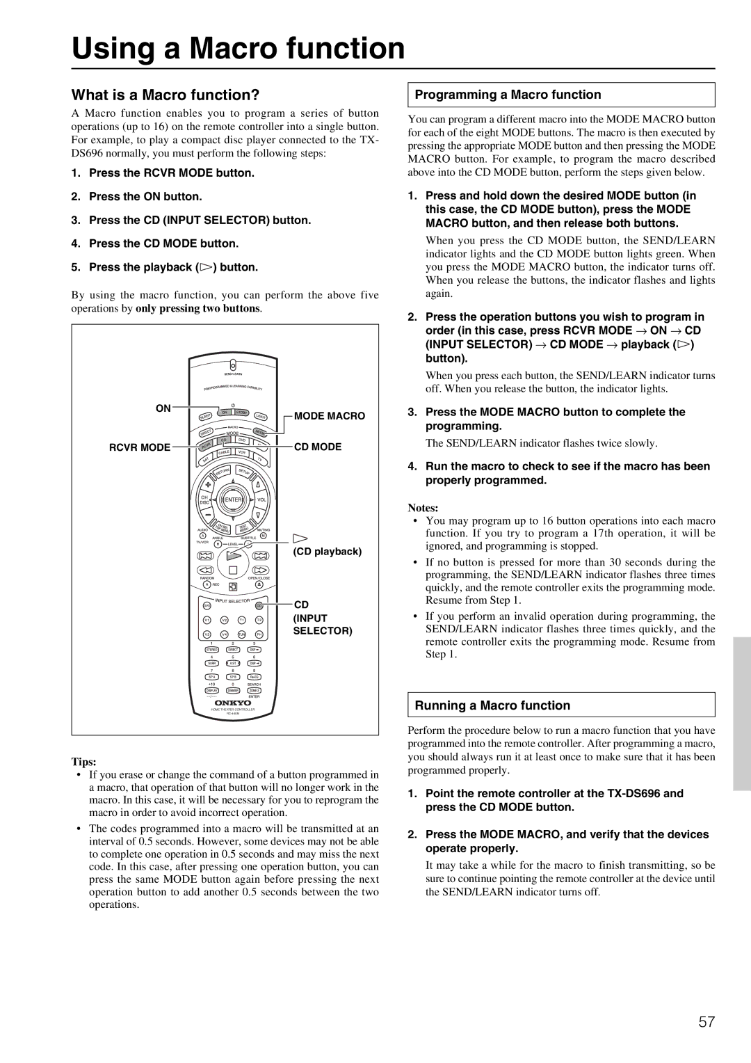 Onkyo TX-DS696 Using a Macro function, What is a Macro function?, Programming a Macro function, Running a Macro function 