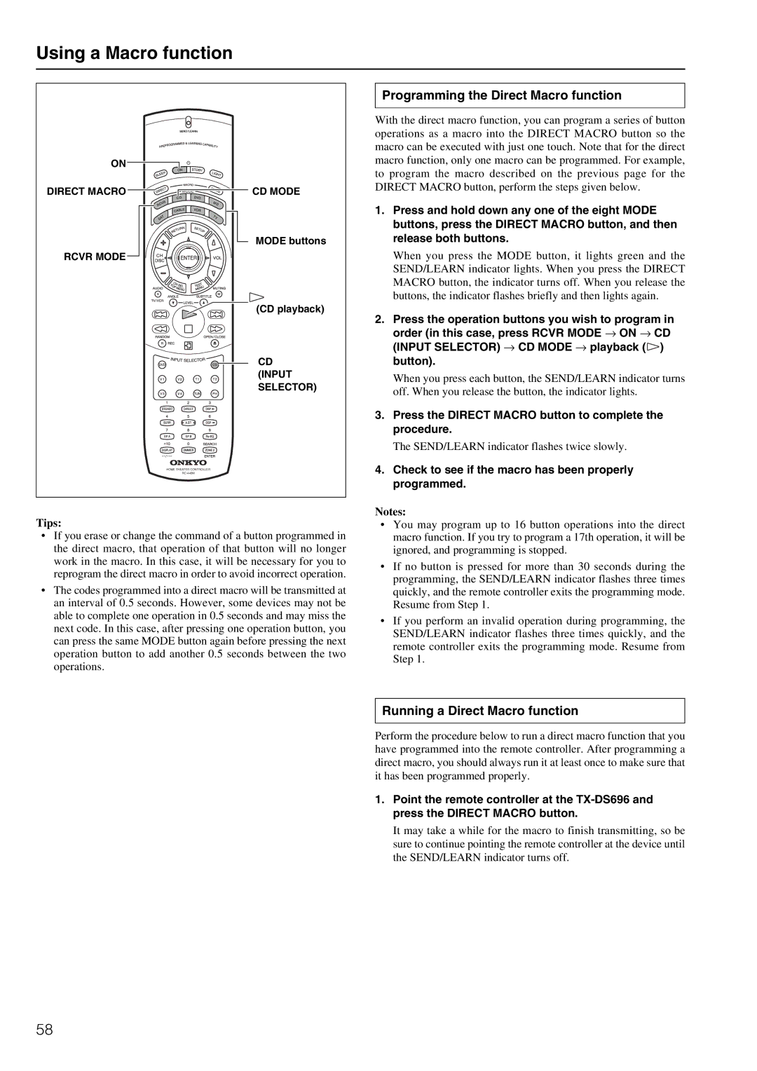 Onkyo TX-DS696 appendix Using a Macro function, Programming the Direct Macro function, Running a Direct Macro function 