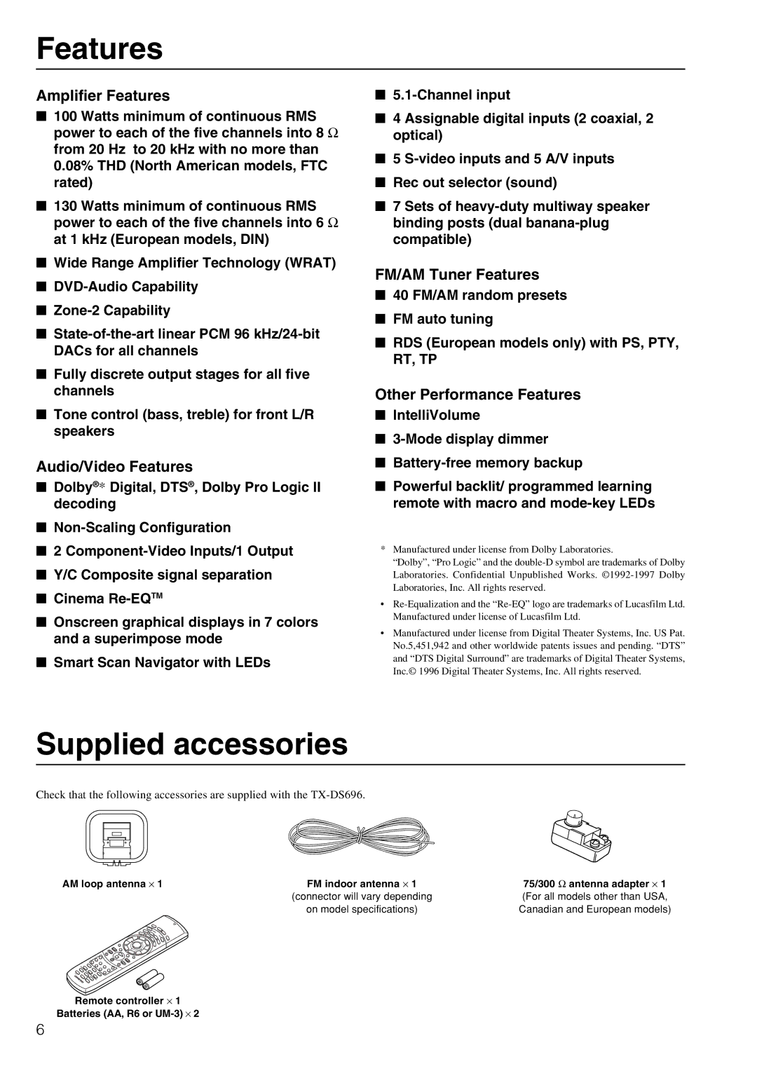 Onkyo TX-DS696 appendix Features, Supplied accessories 