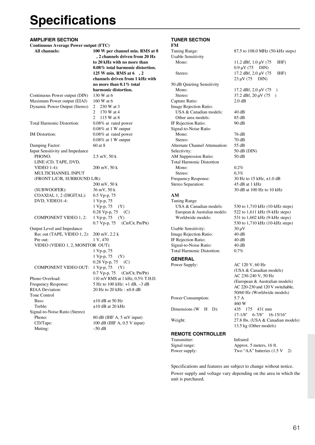 Onkyo TX-DS696 appendix Specifications, Amplifier Section 