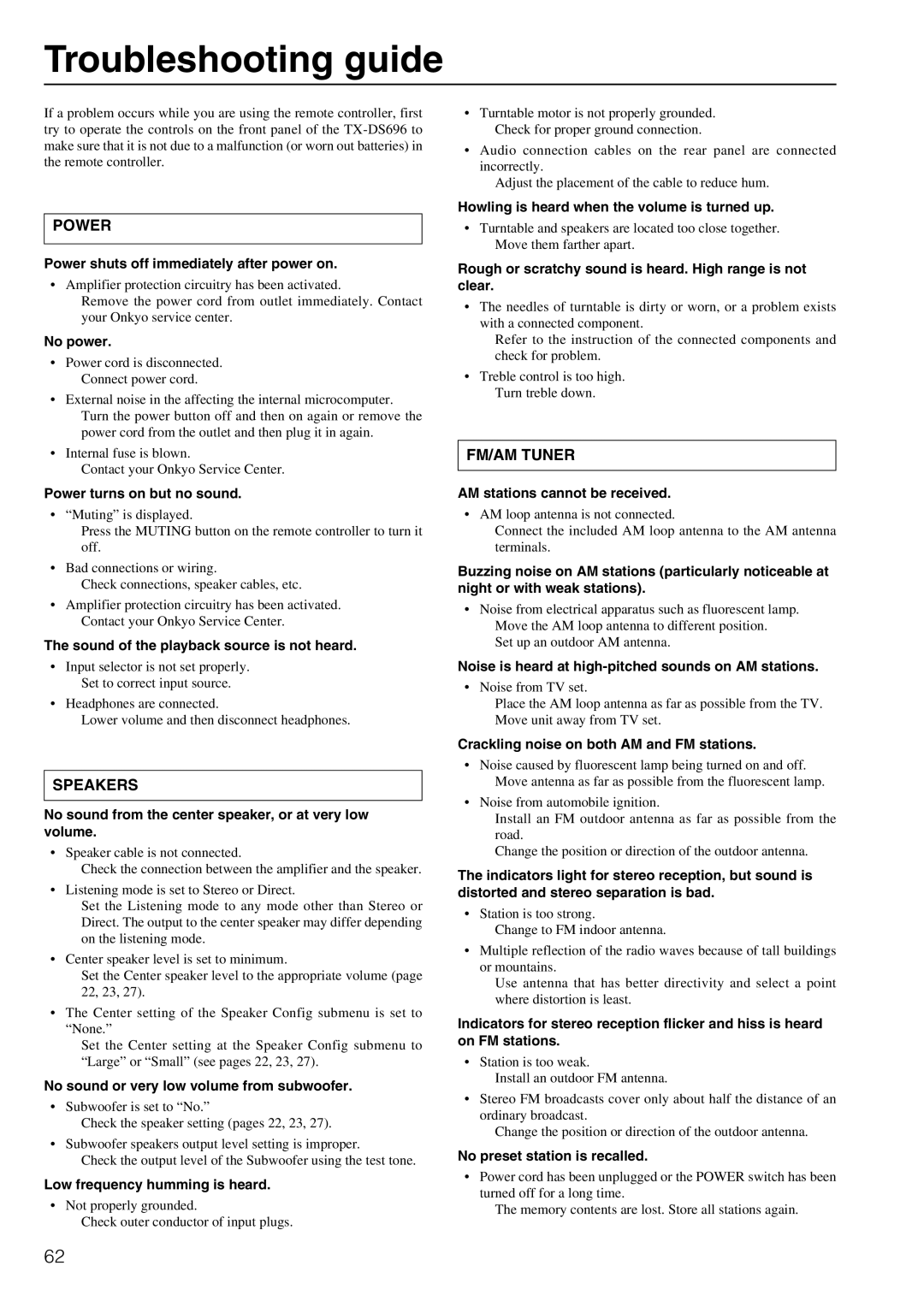Onkyo TX-DS696 appendix Troubleshooting guide 