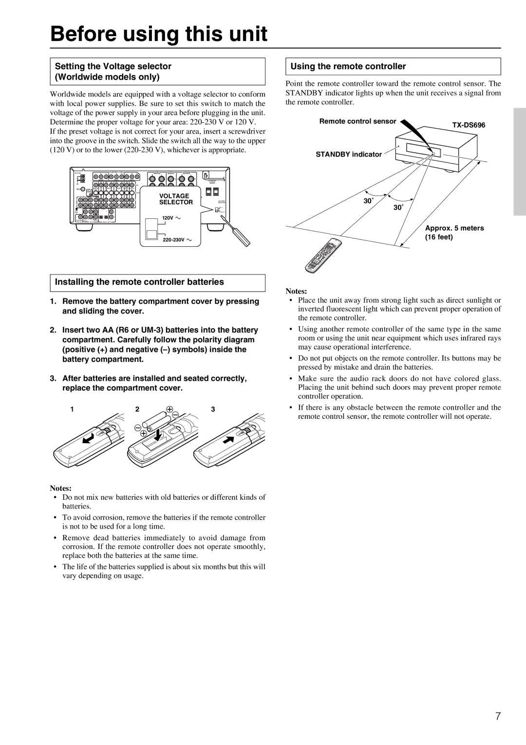 Onkyo TX-DS696 Before using this unit, Setting the Voltage selector Worldwide models only, Using the remote controller 