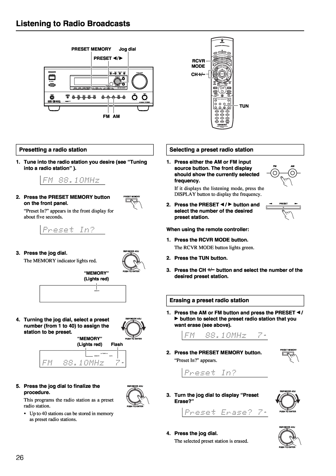 Onkyo TX-DS696 appendix Listening to Radio Broadcasts, Presetting a radio station, Selecting a preset radio station 