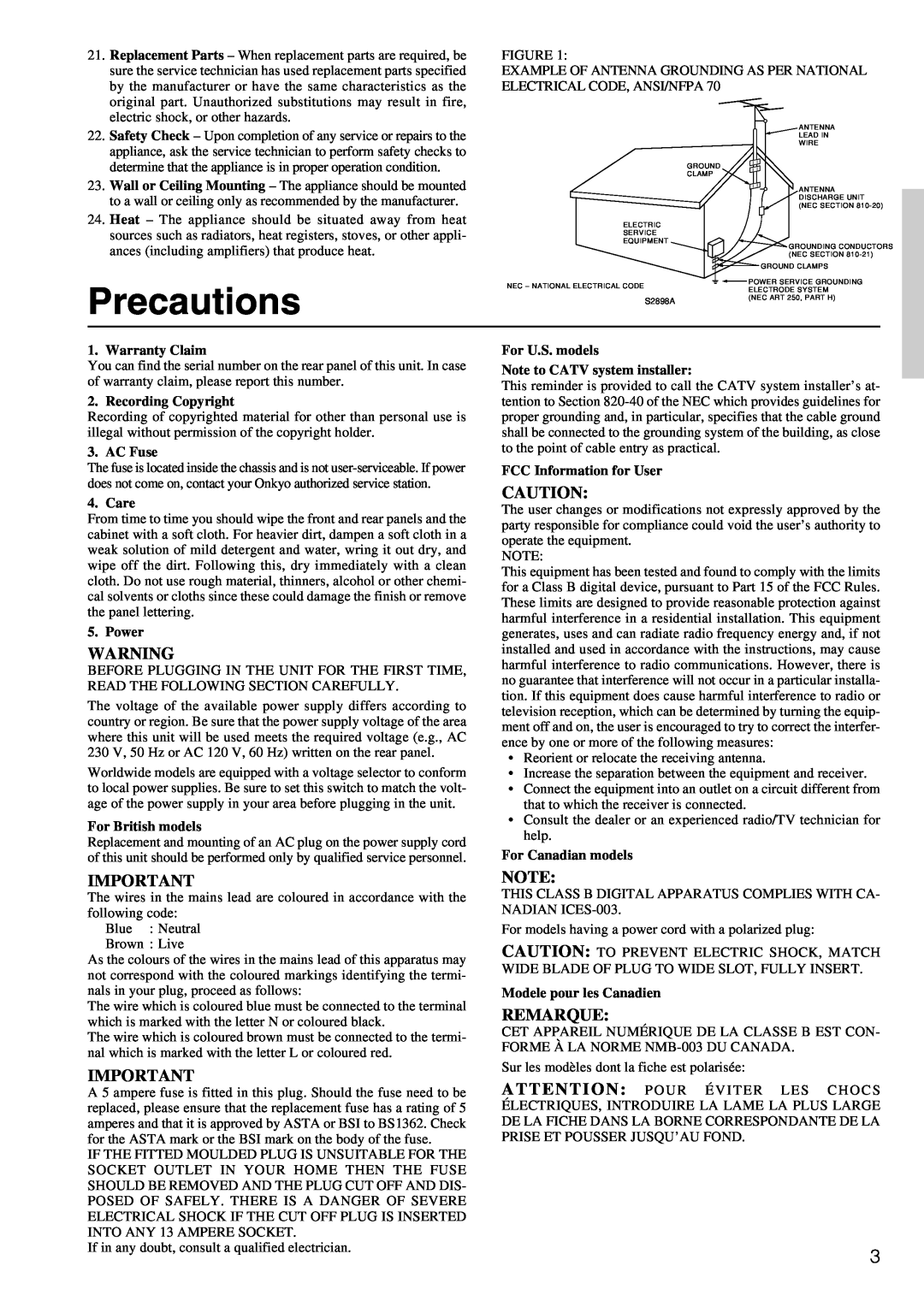 Onkyo TX-DS696 appendix Precautions, Remarque 