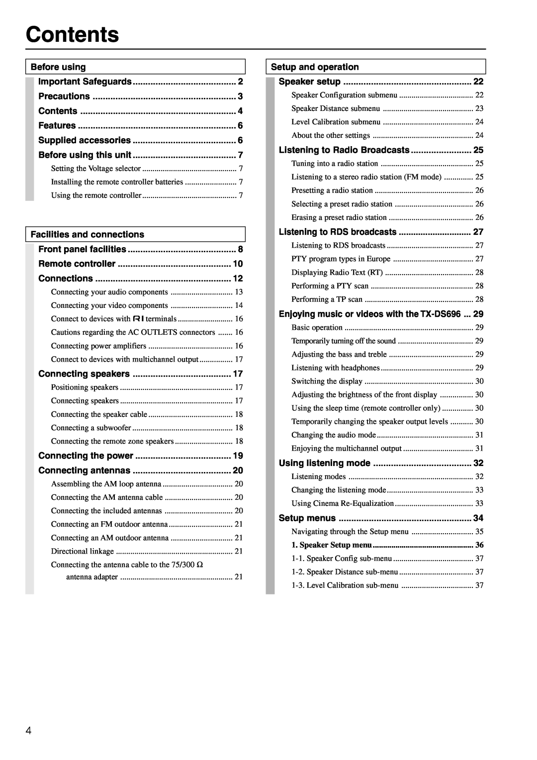 Onkyo TX-DS696 appendix Contents, Before using, Facilities and connections, Setup and operation 