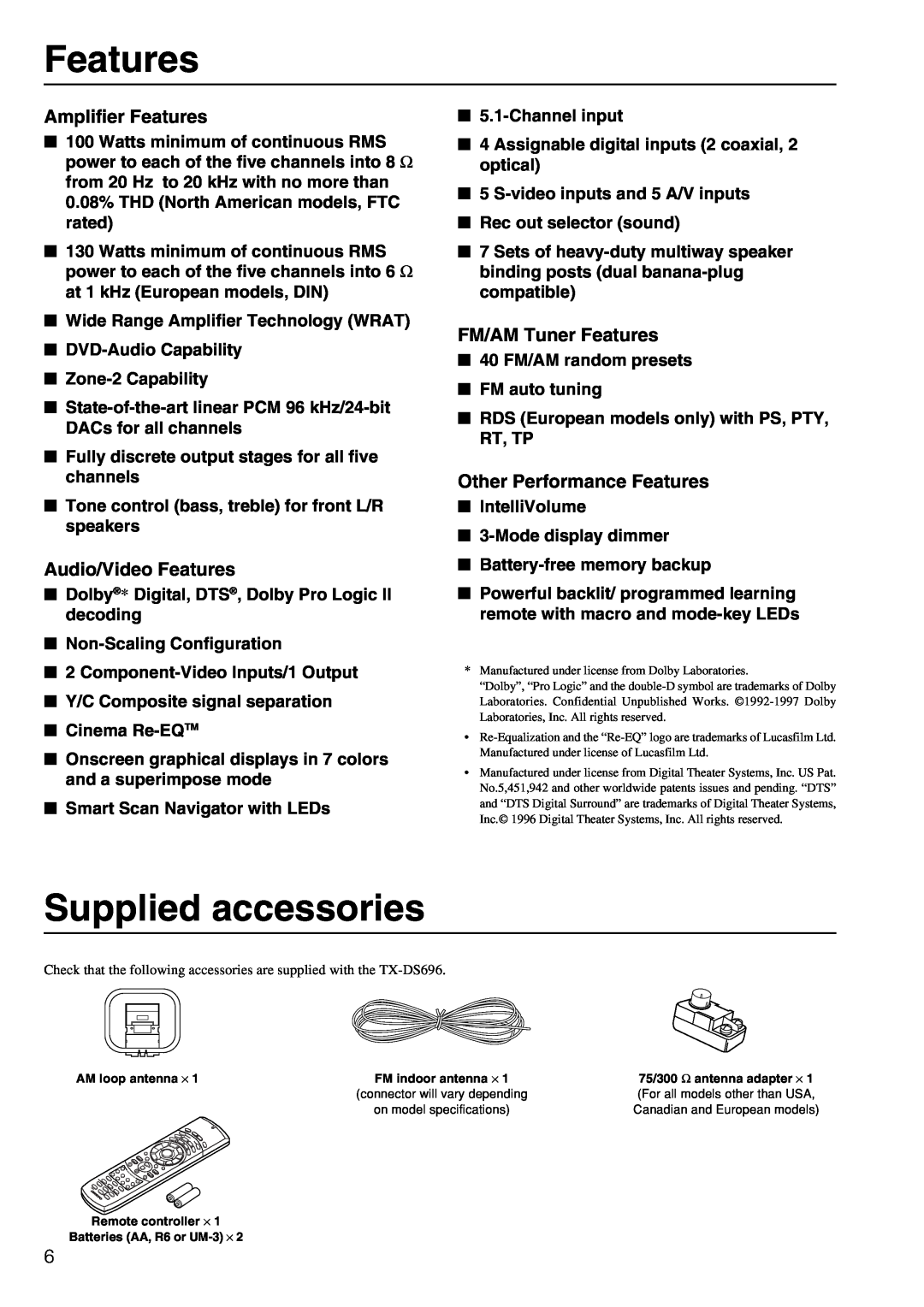 Onkyo TX-DS696 appendix Supplied accessories, Amplifier Features, Audio/Video Features, FM/AM Tuner Features 