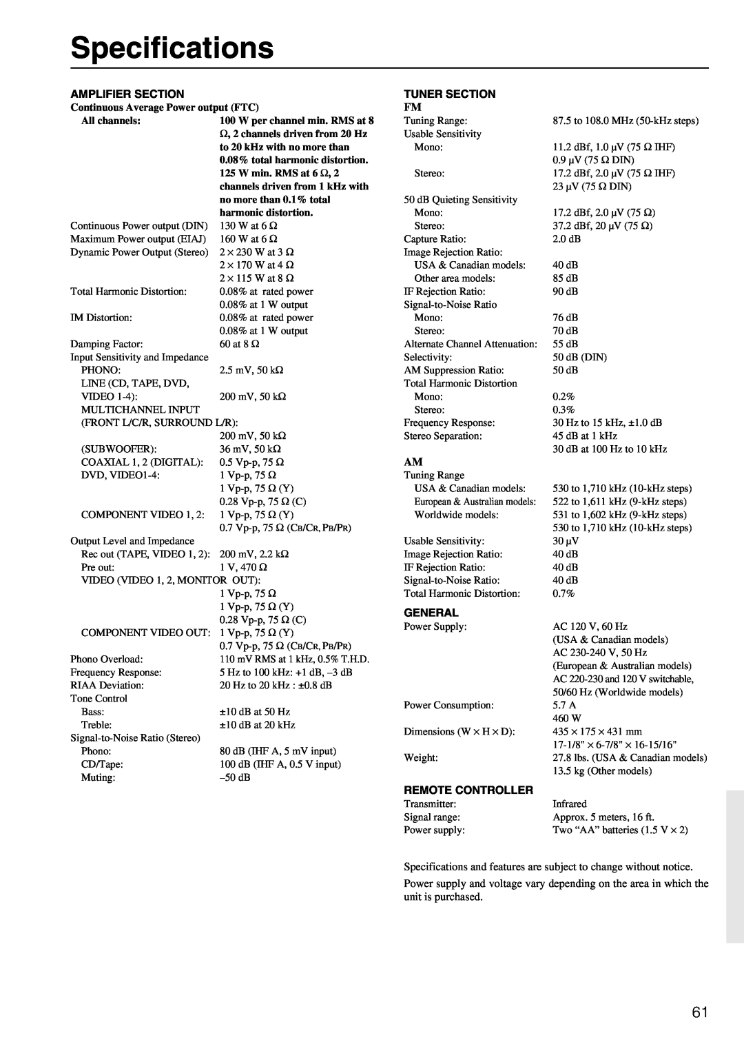 Onkyo TX-DS696 appendix Specifications 