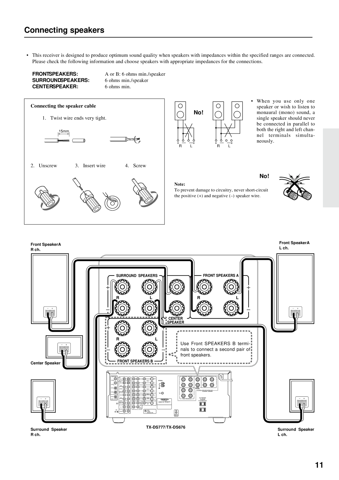 Onkyo TX-DS676, TX-DS777 Connecting speakers, Or B 6 ohms min./speaker, Ohms min./speaker, Connecting the speaker cable 