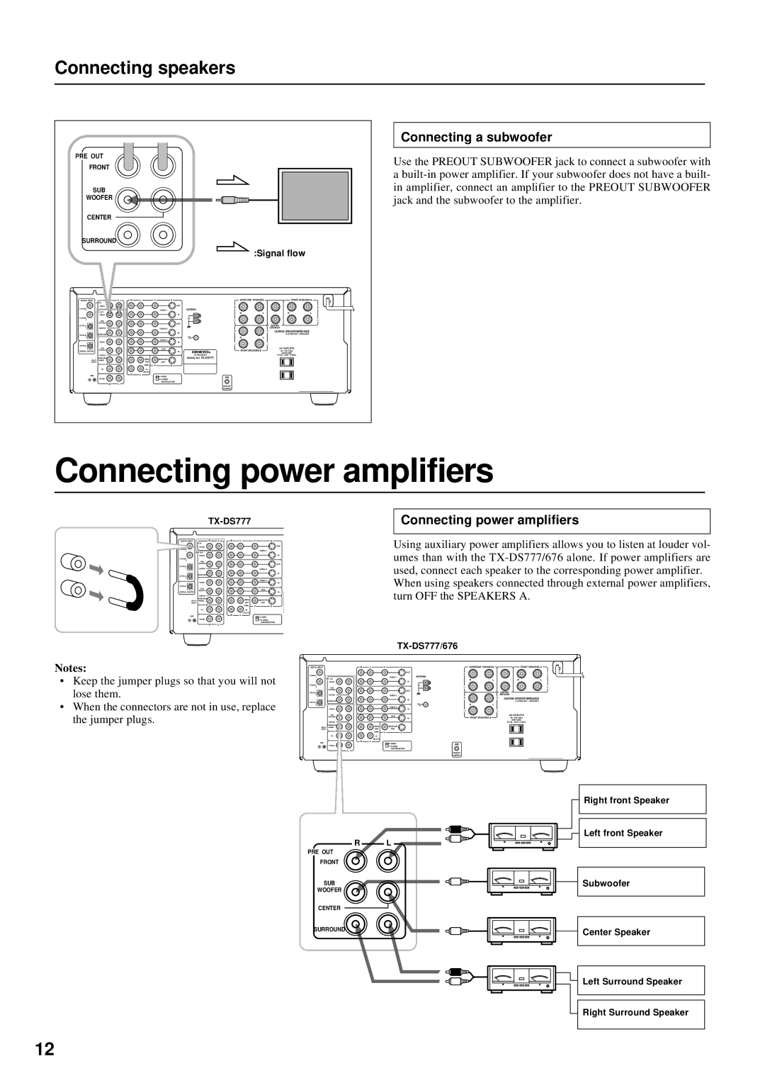 Onkyo TX-DS777, TX-DS676 instruction manual Connecting power amplifiers, Connecting a subwoofer 